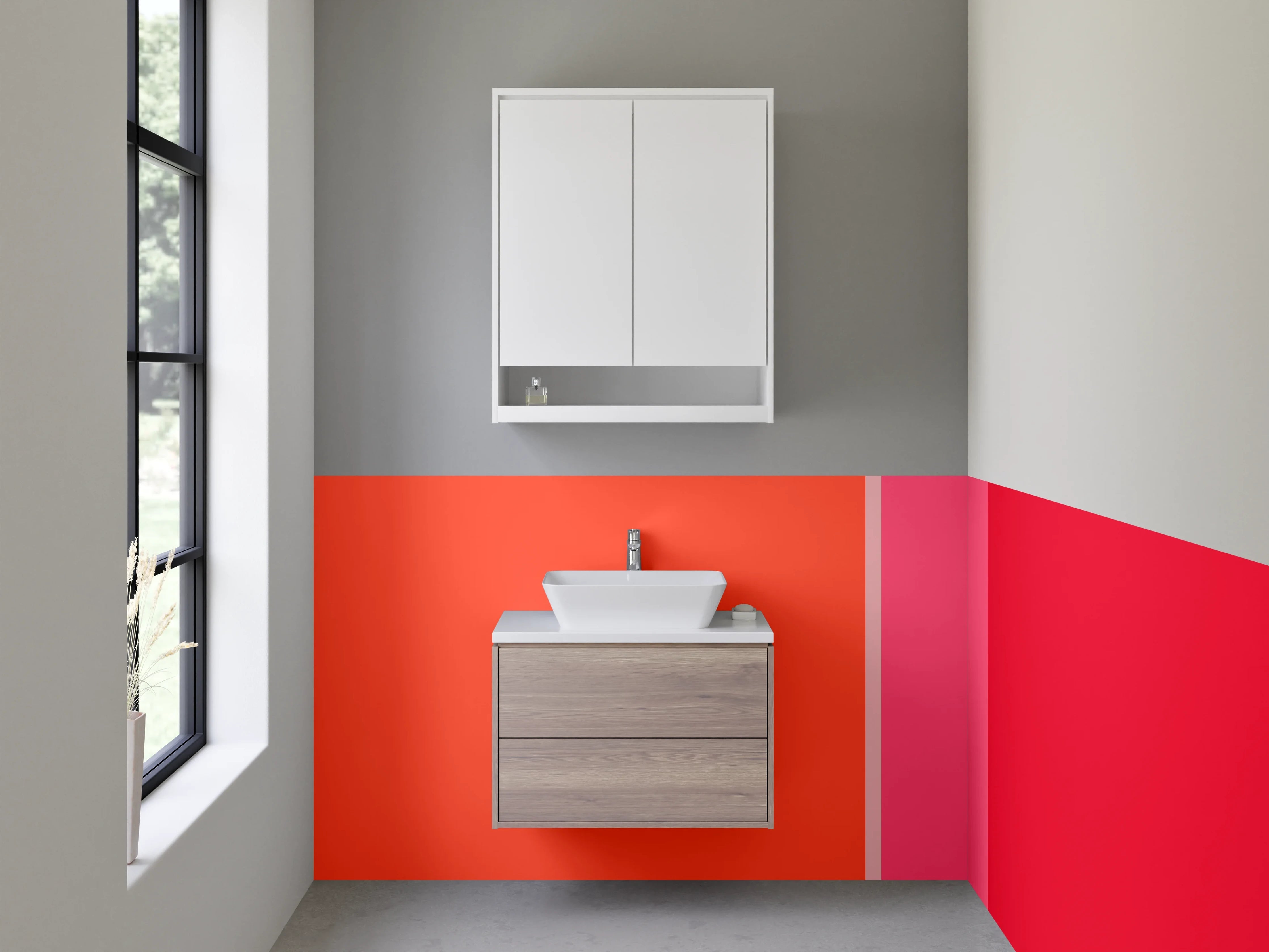 Waschbecken-Rückwand - Buntes Streifenmuster in Rot- und Pinktönen