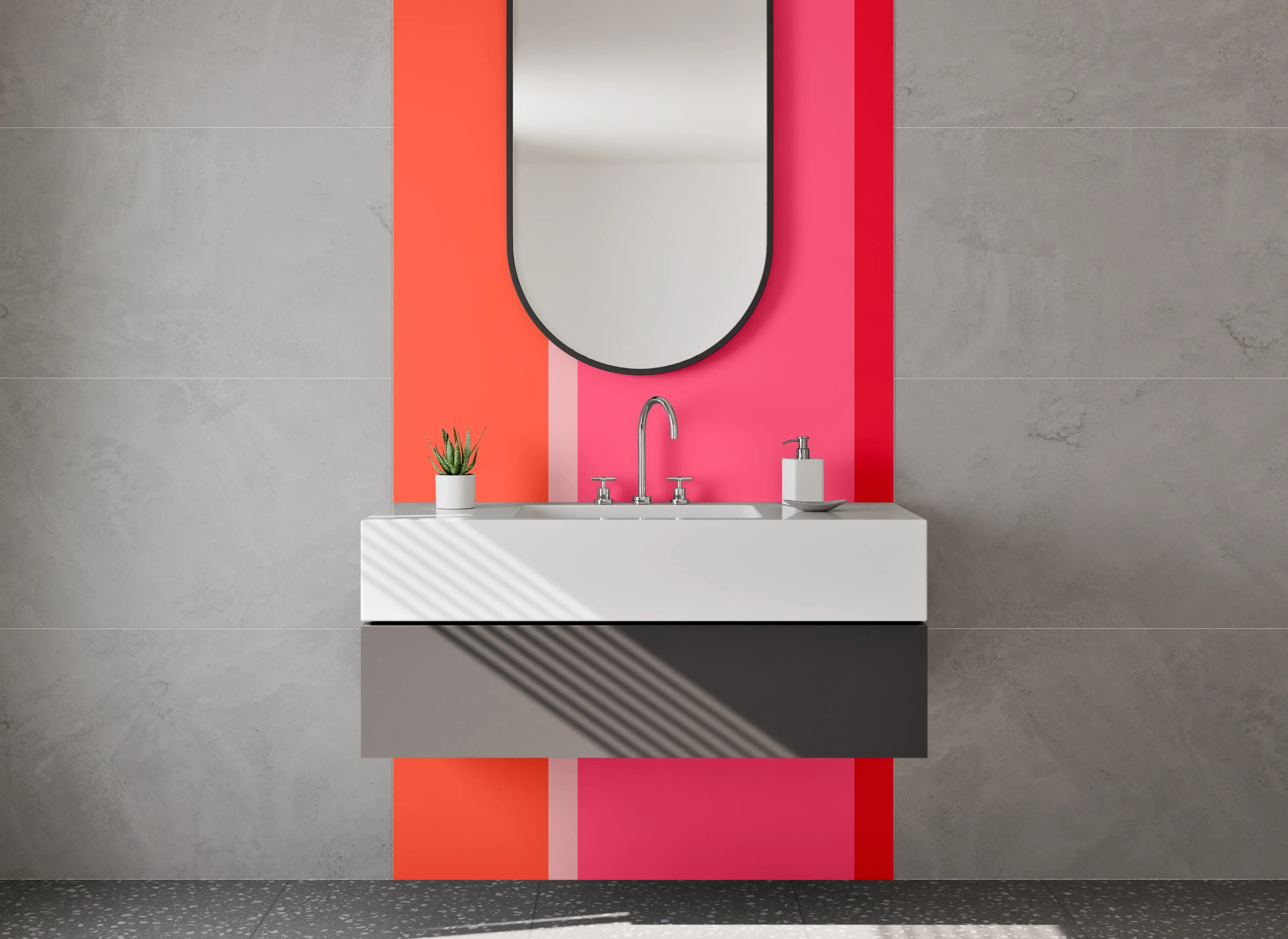 Waschbecken-Rückwand - Buntes Streifenmuster in Rot- und Pinktönen