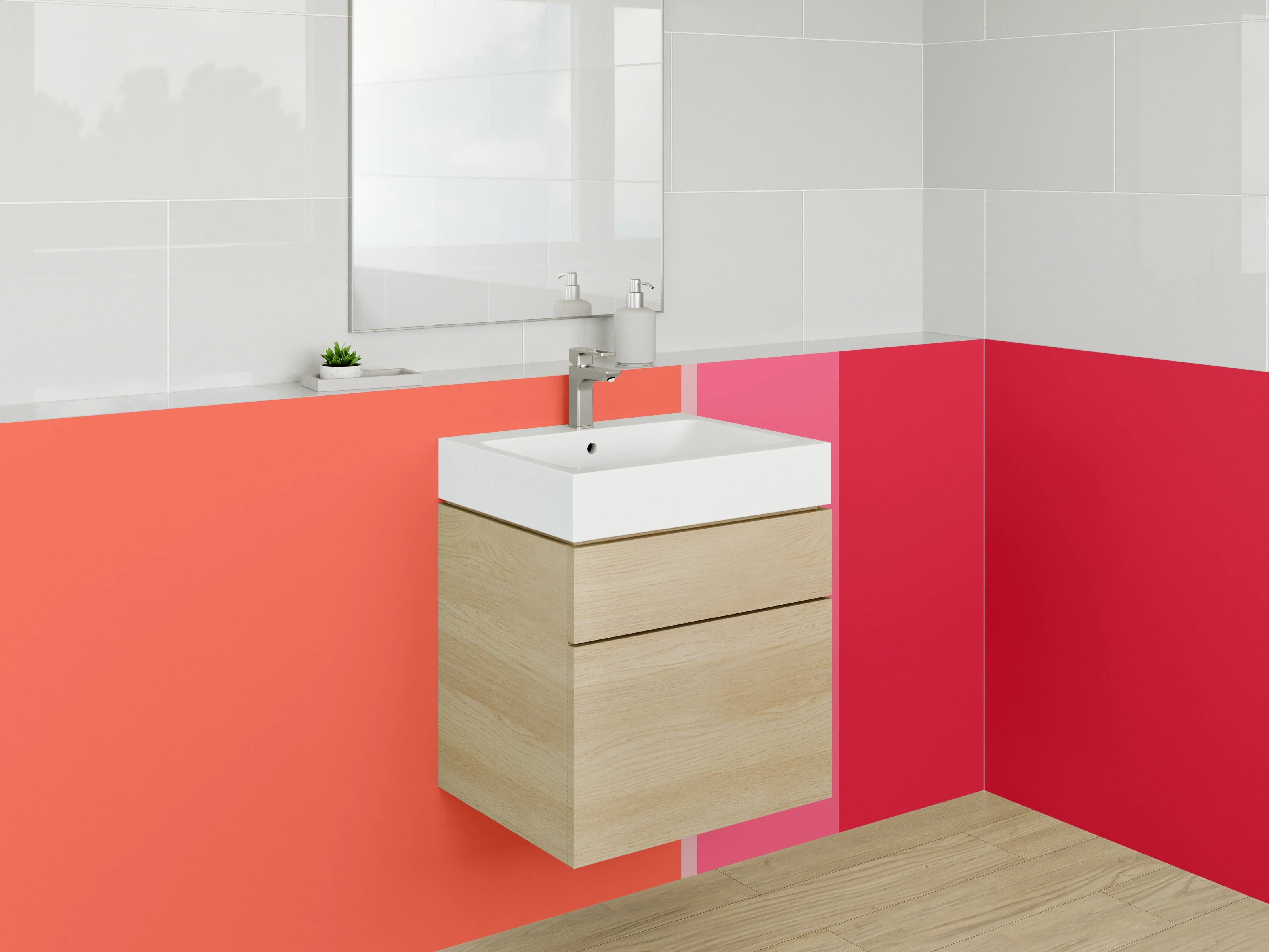 Waschbecken-Rückwand - Buntes Streifenmuster in Rot- und Pinktönen