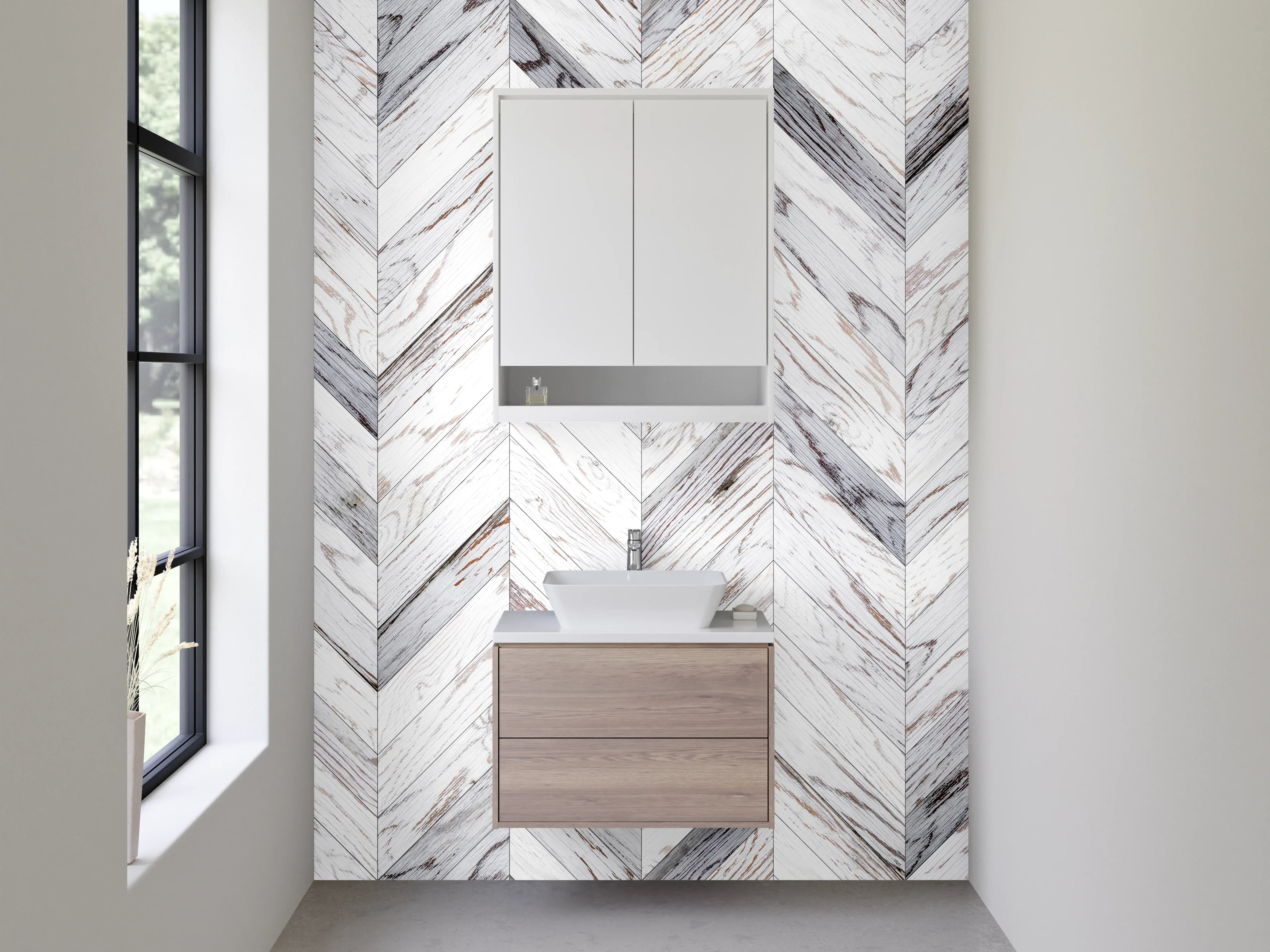 Waschbecken-Rückwand - Chevron Holzoptik Weiß Grau
