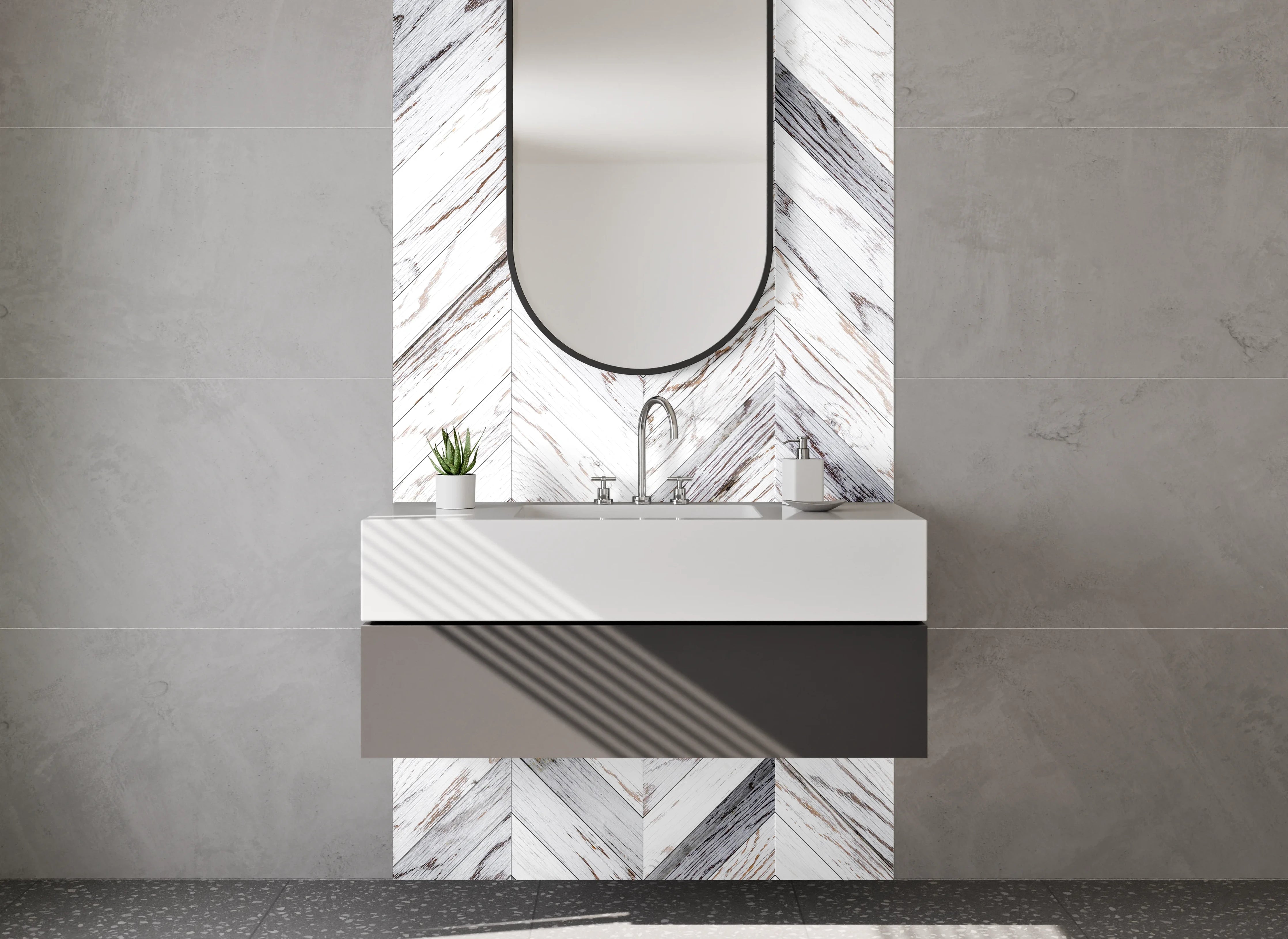 Waschbecken-Rückwand - Chevron Holzoptik Weiß Grau
