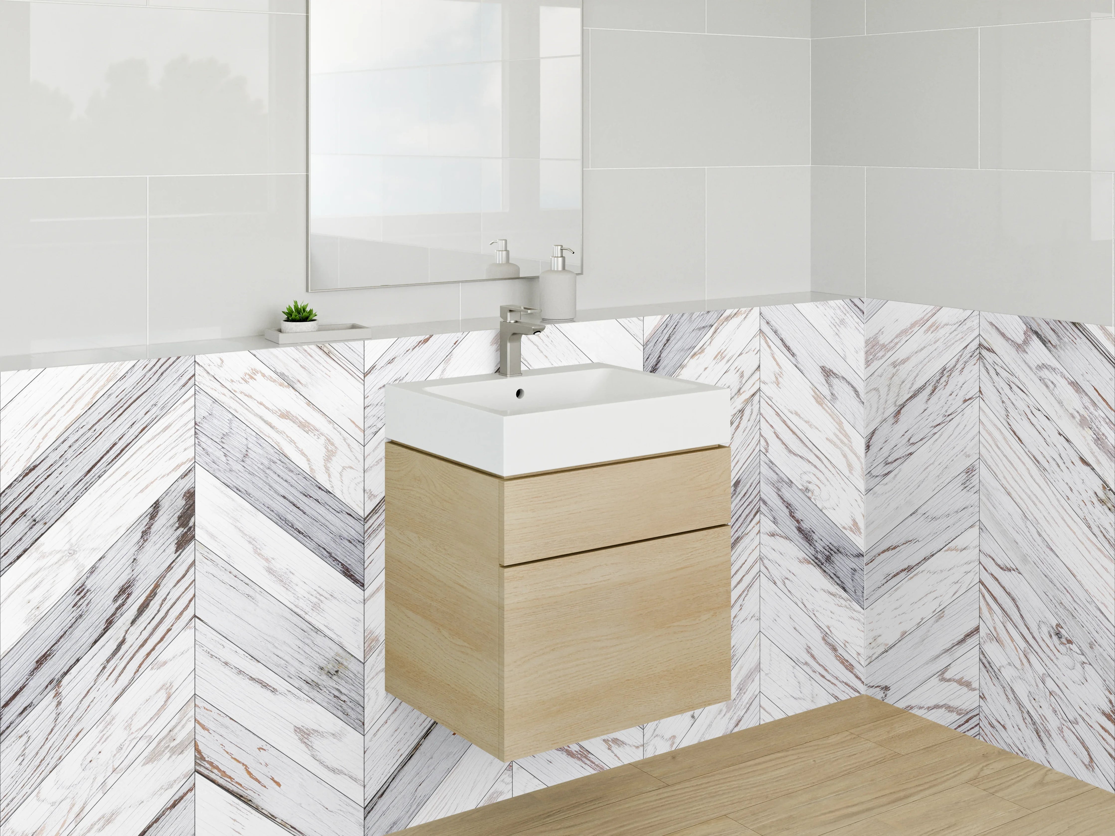 Waschbecken-Rückwand - Chevron Holzoptik Weiß Grau