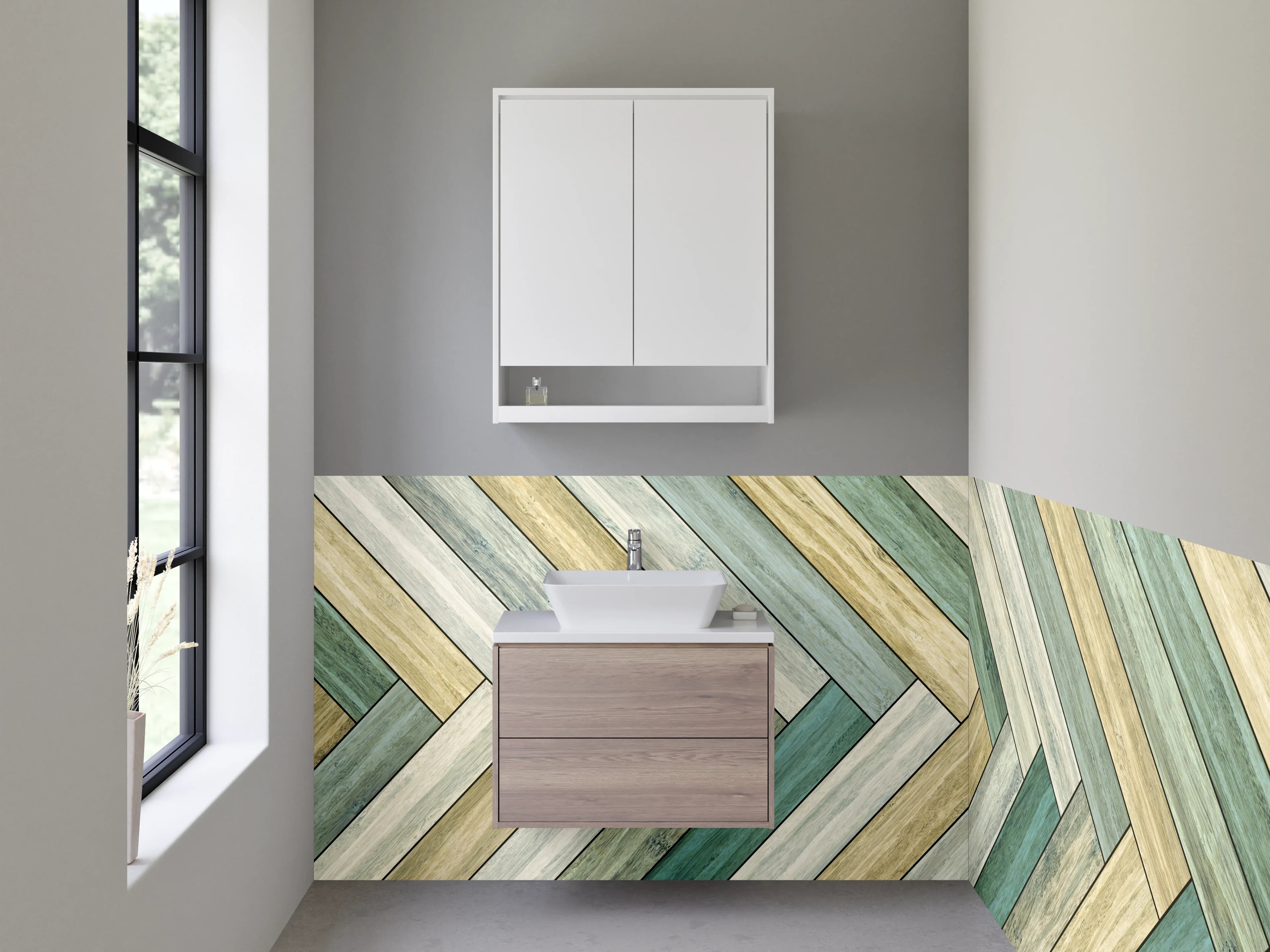 Waschbecken-Rückwand - Chevron Holzoptik in Pastell Grün