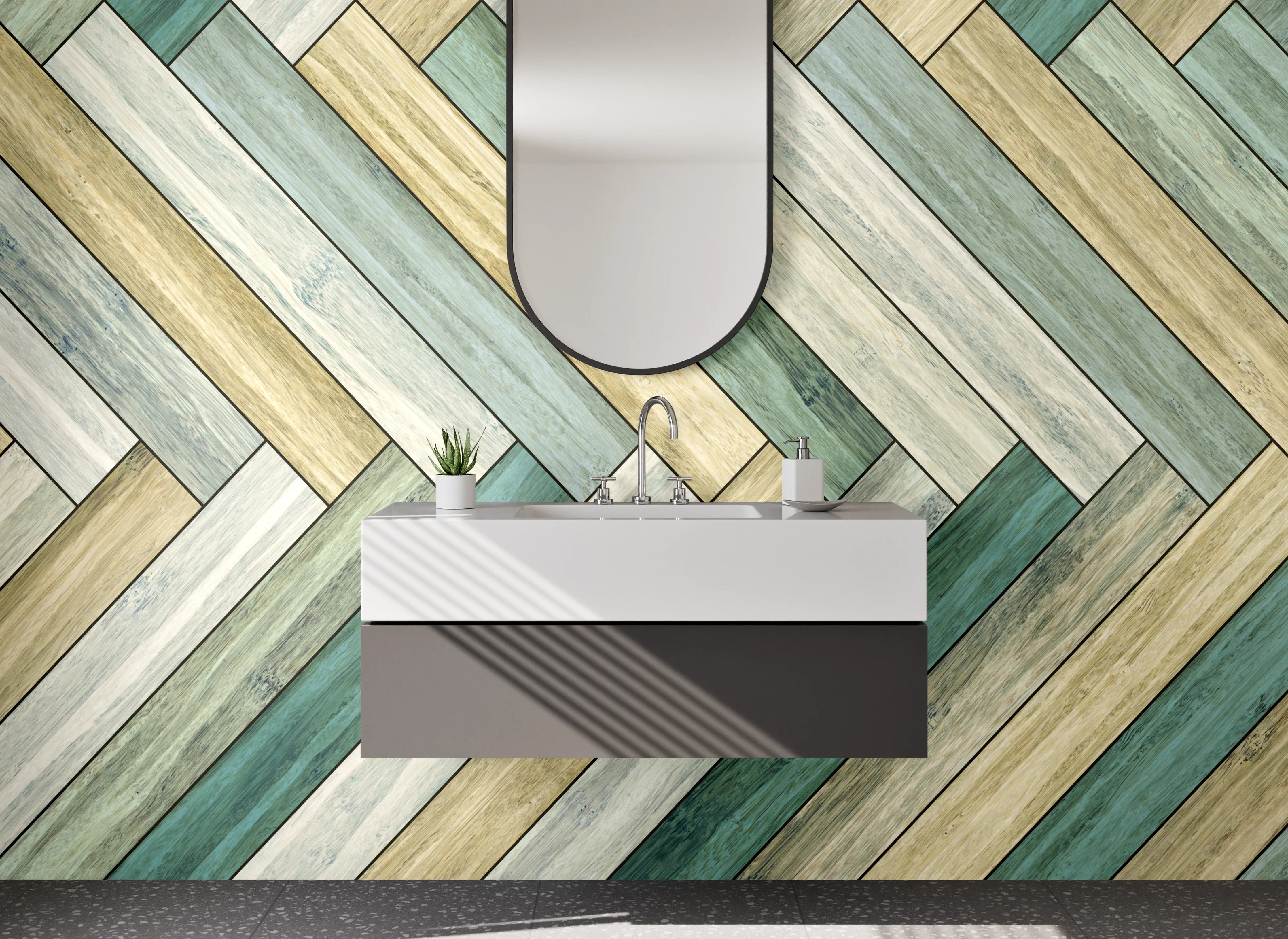 Waschbecken-Rückwand - Chevron Holzoptik in Pastell Grün