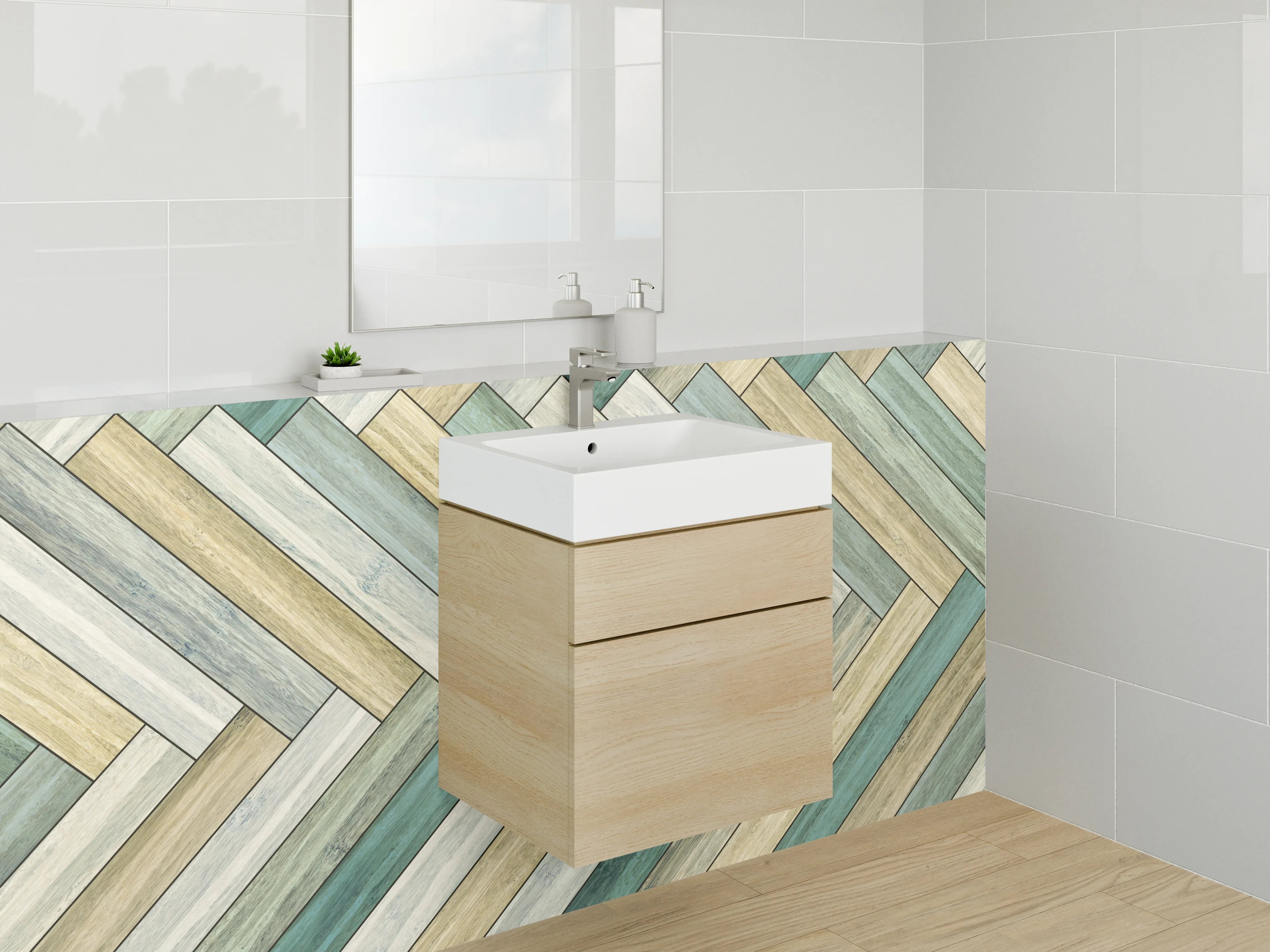 Waschbecken-Rückwand - Chevron Holzoptik in Pastell Grün