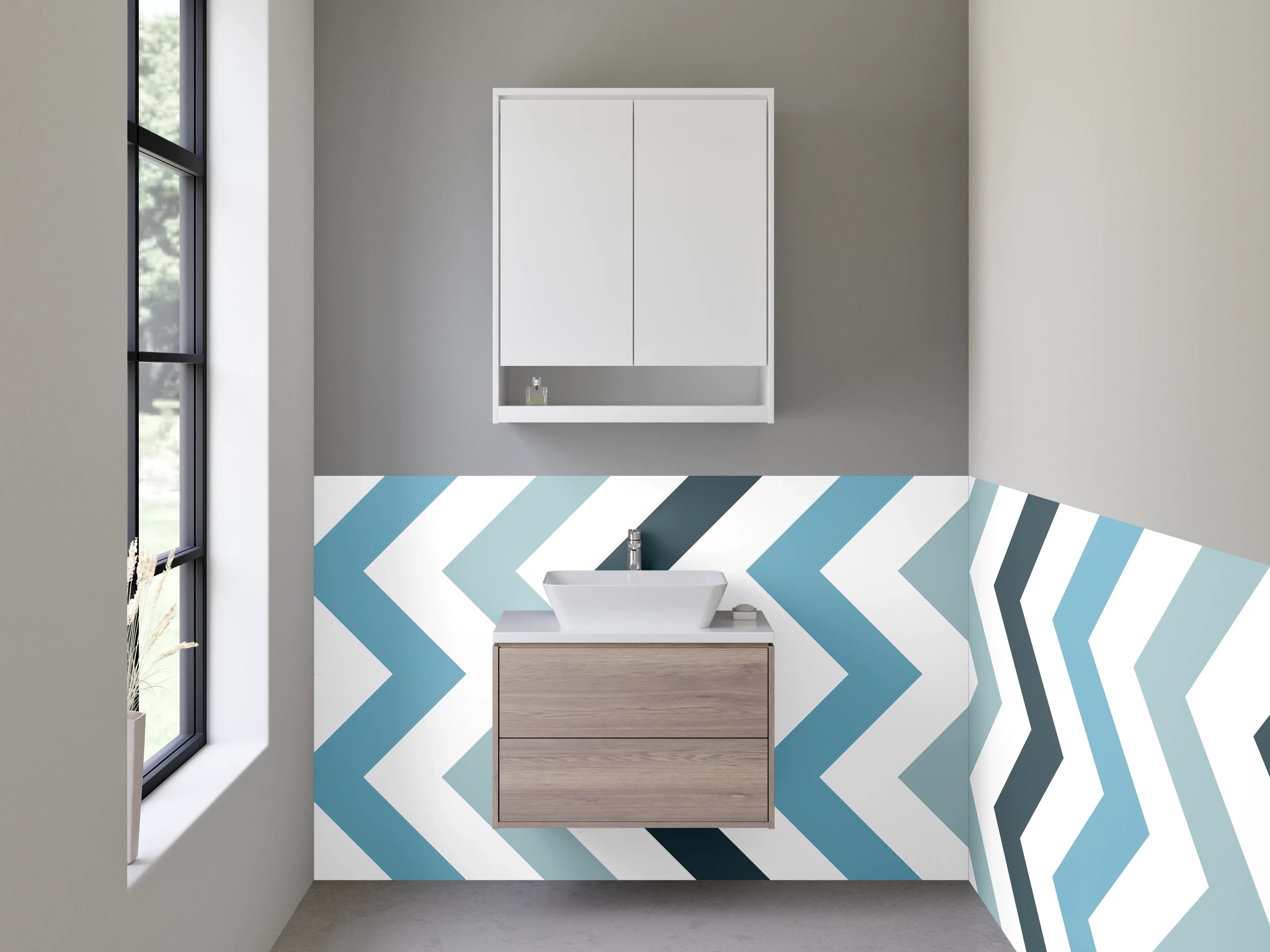 Waschbecken-Rückwand - Chevron-Muster in Blau und Weiß