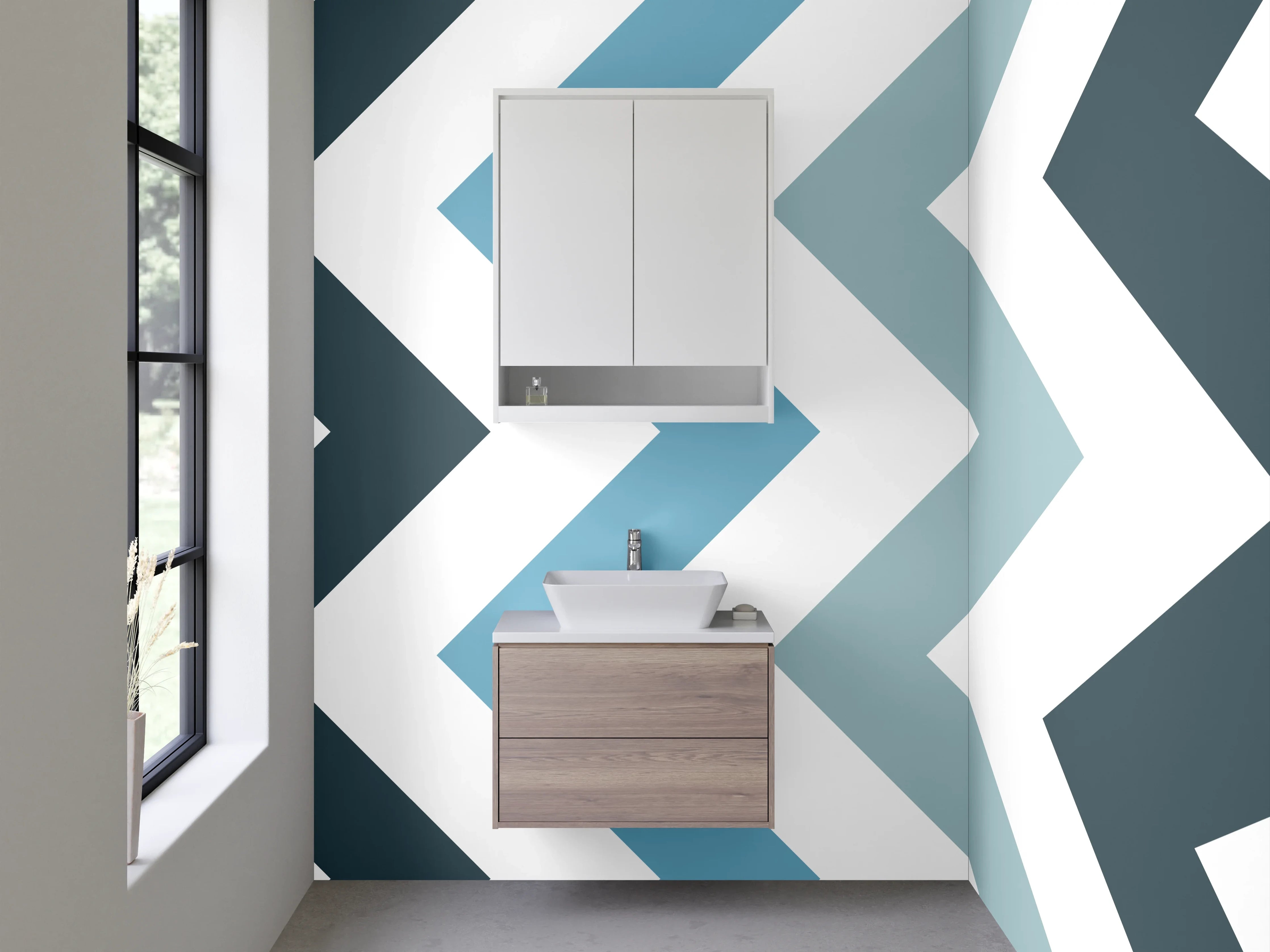 Waschbecken-Rückwand - Chevron-Muster in Blau und Weiß