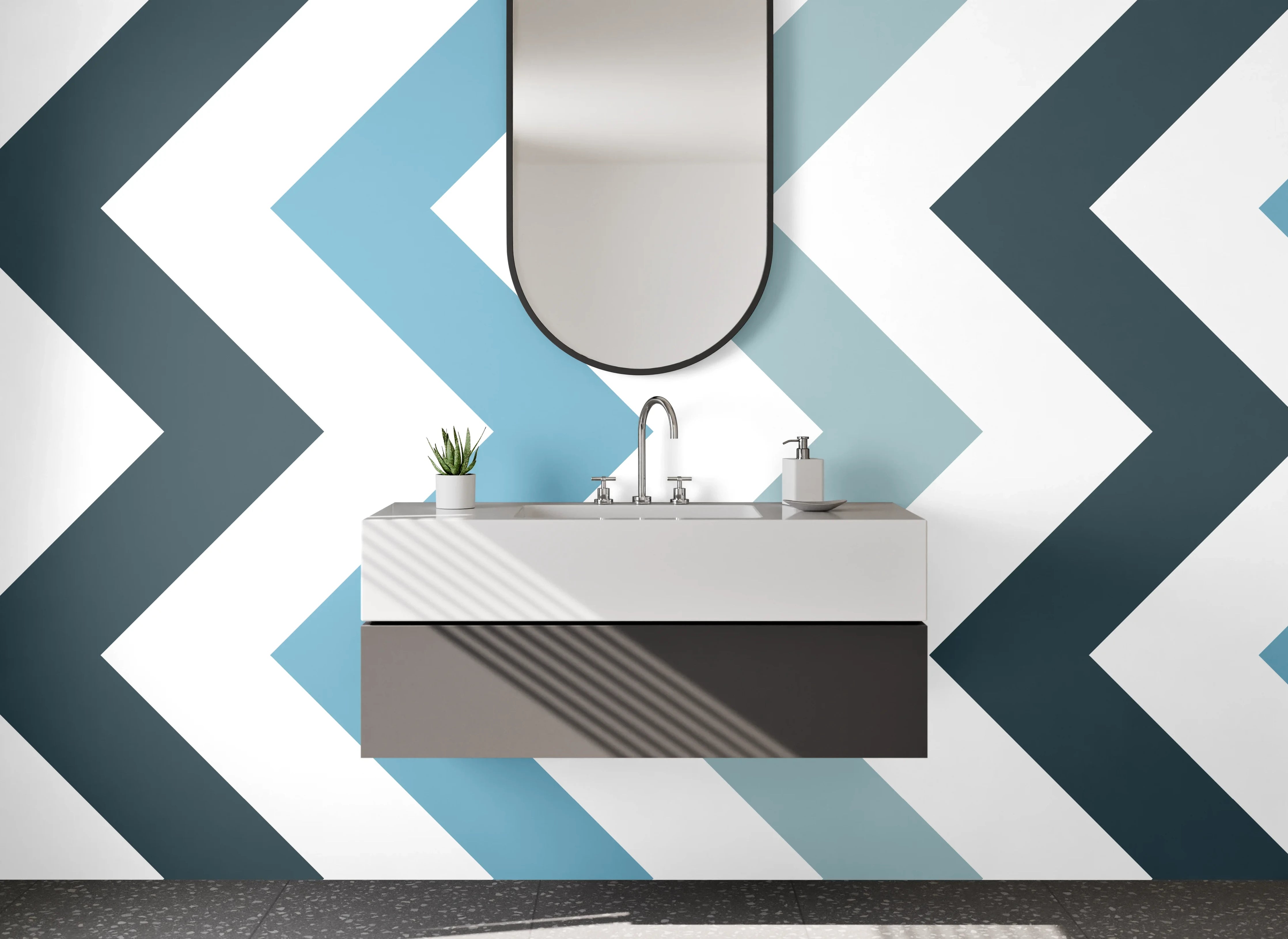 Waschbecken-Rückwand - Chevron-Muster in Blau und Weiß