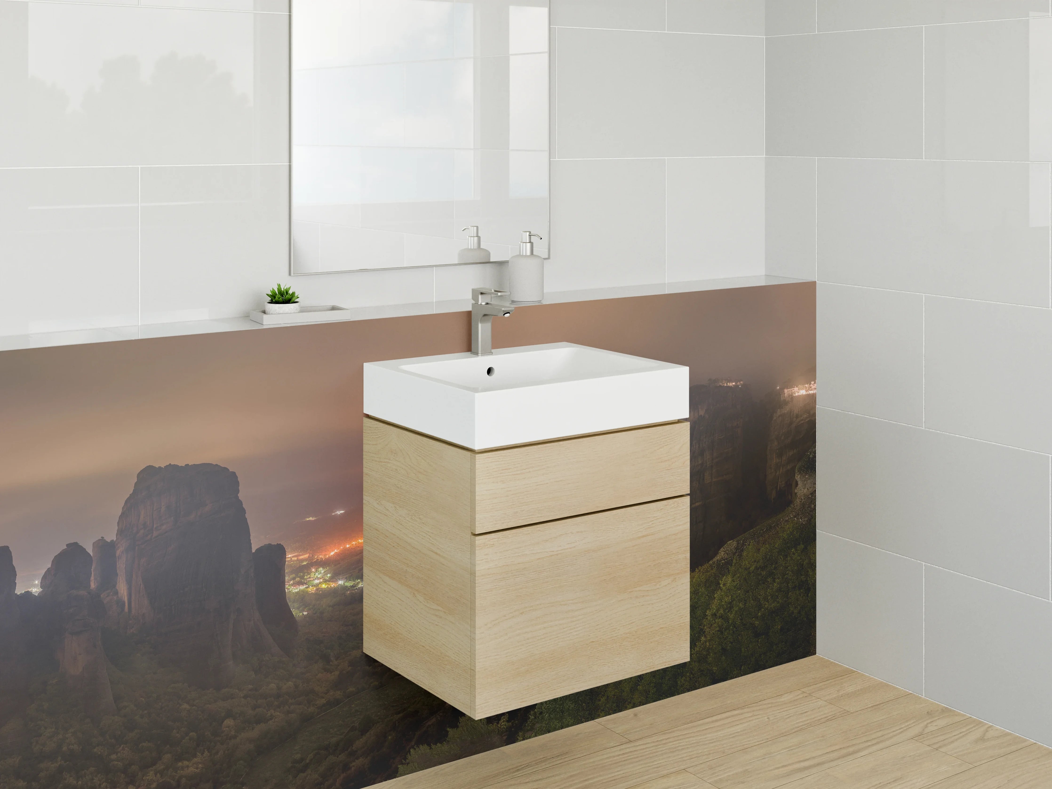 Waschbecken-Rückwand - Dämmerungsblick auf Felsformationen