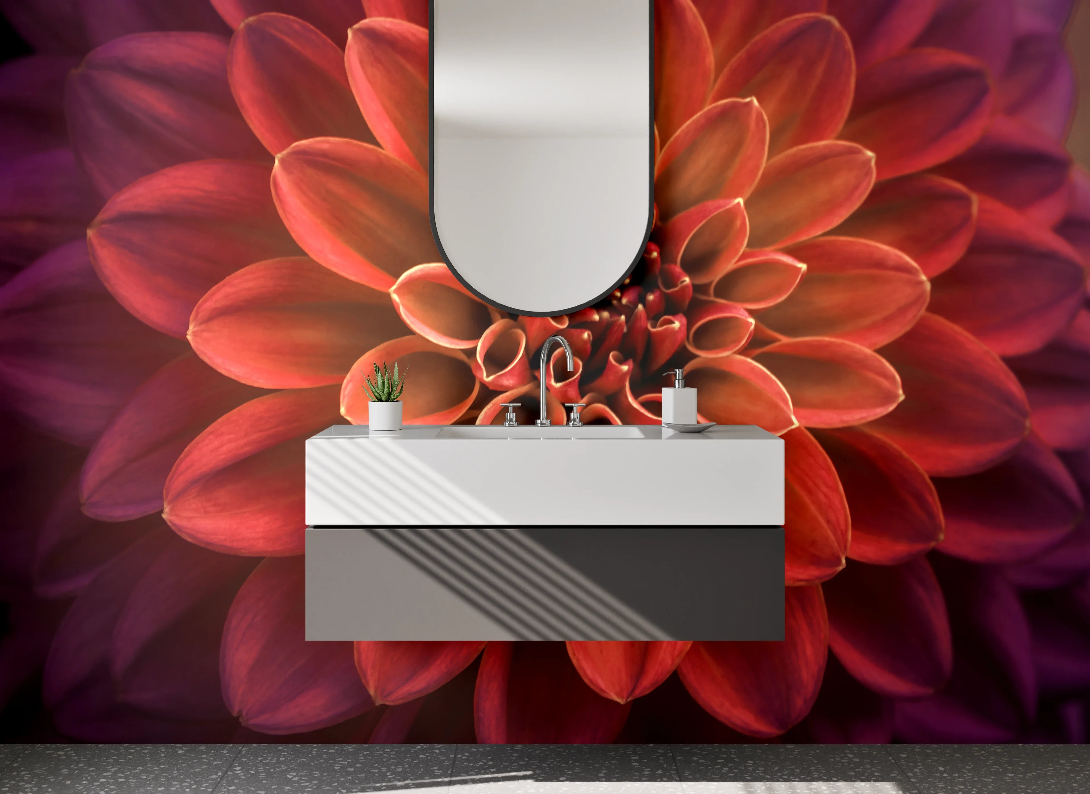Waschbecken-Rückwand - Dahlienblüte Makro – Rote Pracht
