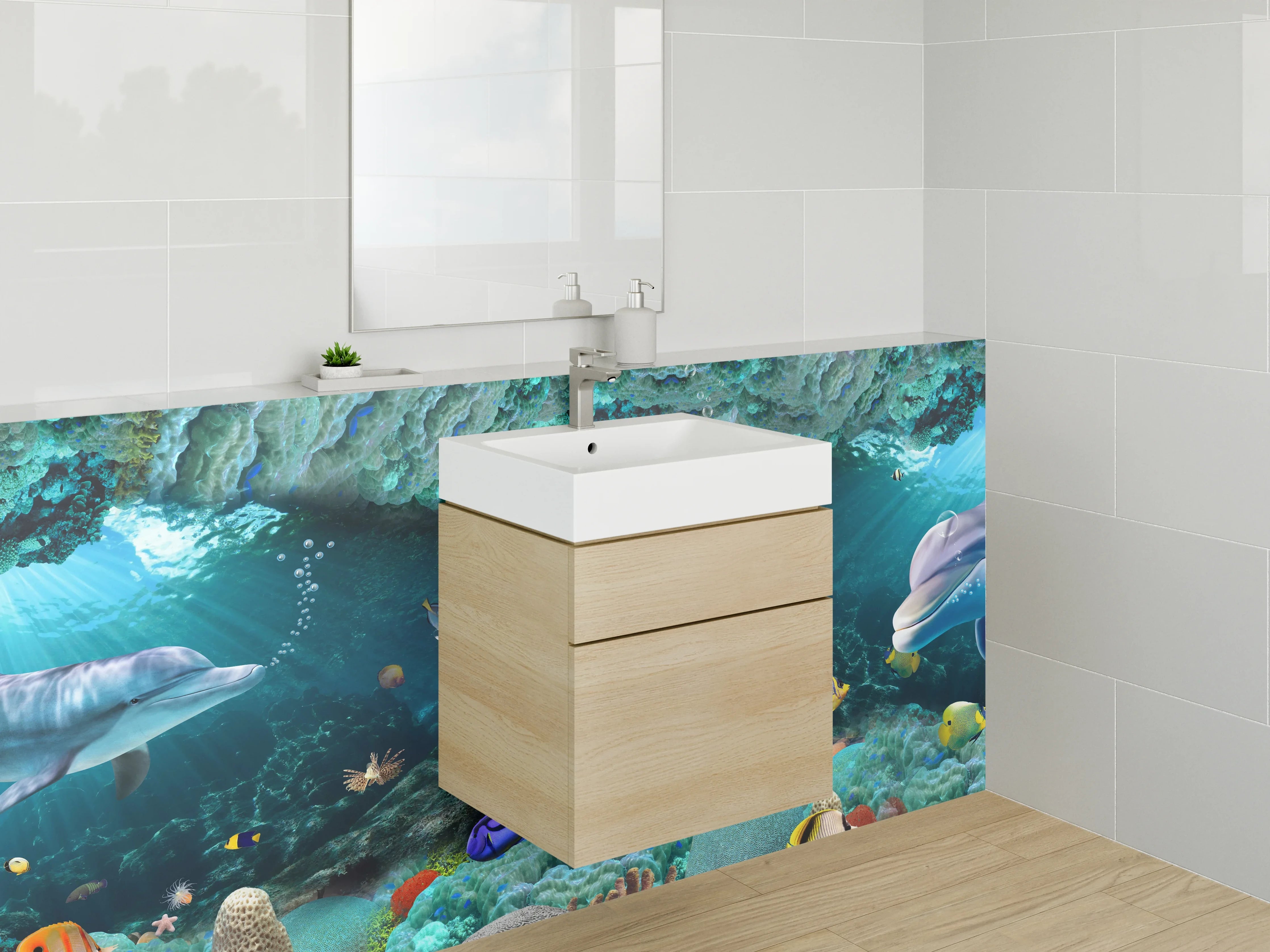 Waschbecken-Rückwand - Delfine und Korallen – Unterwasserwelt
