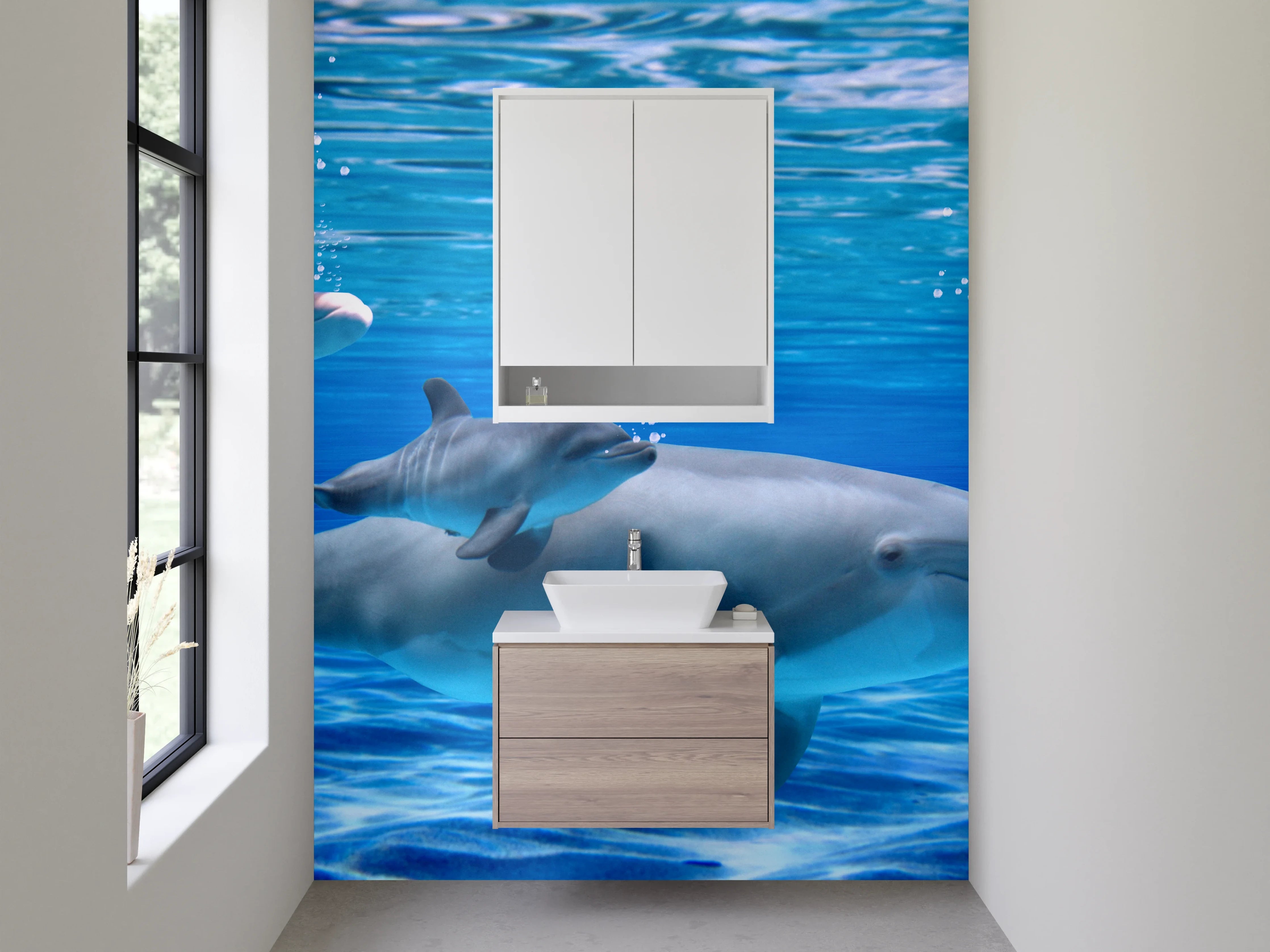 Waschbecken-Rückwand - Delfine unter Wasser Panorama