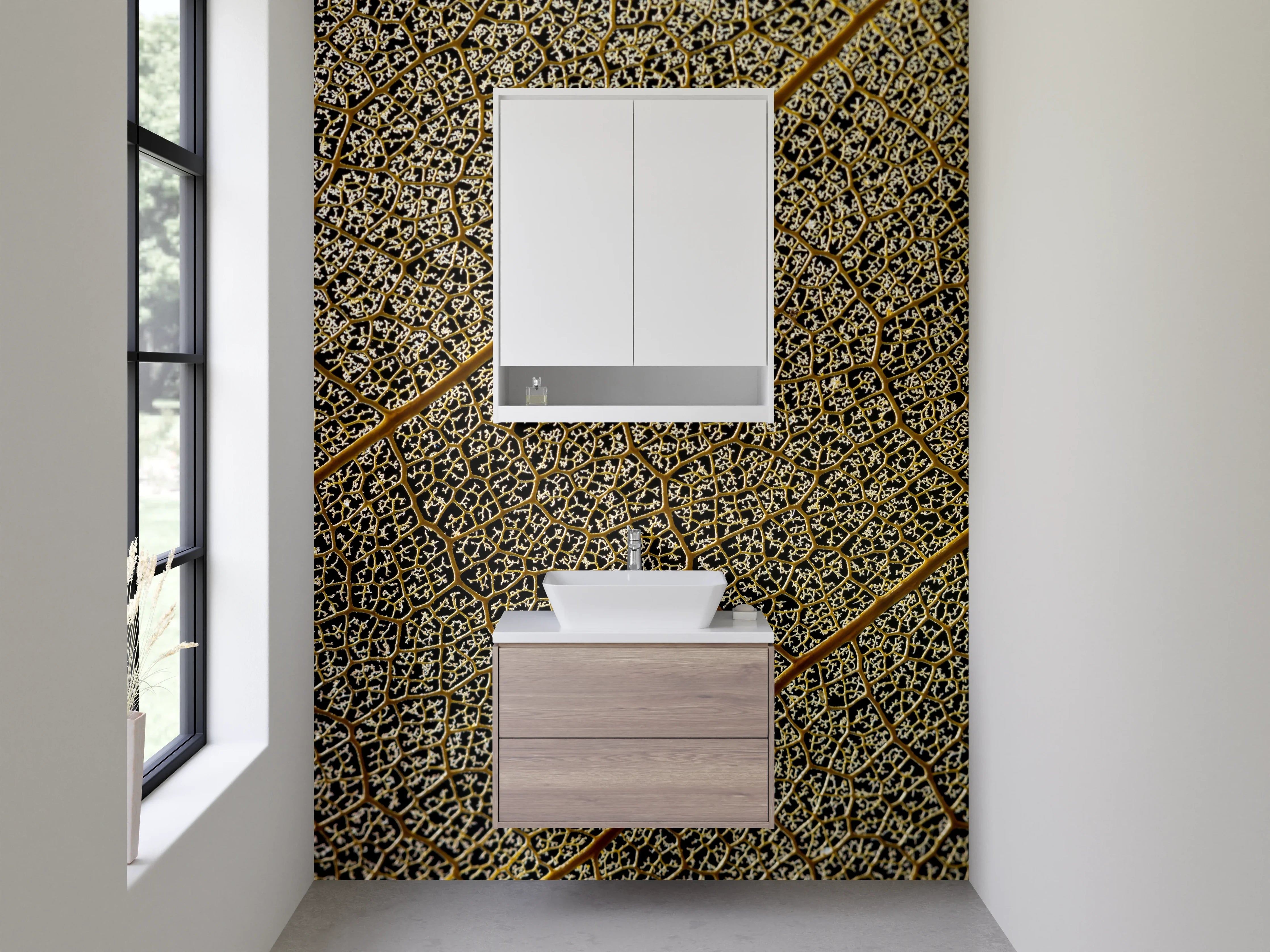 Waschbecken-Rückwand - Detailreiche Blattstruktur Natur Braun Gold