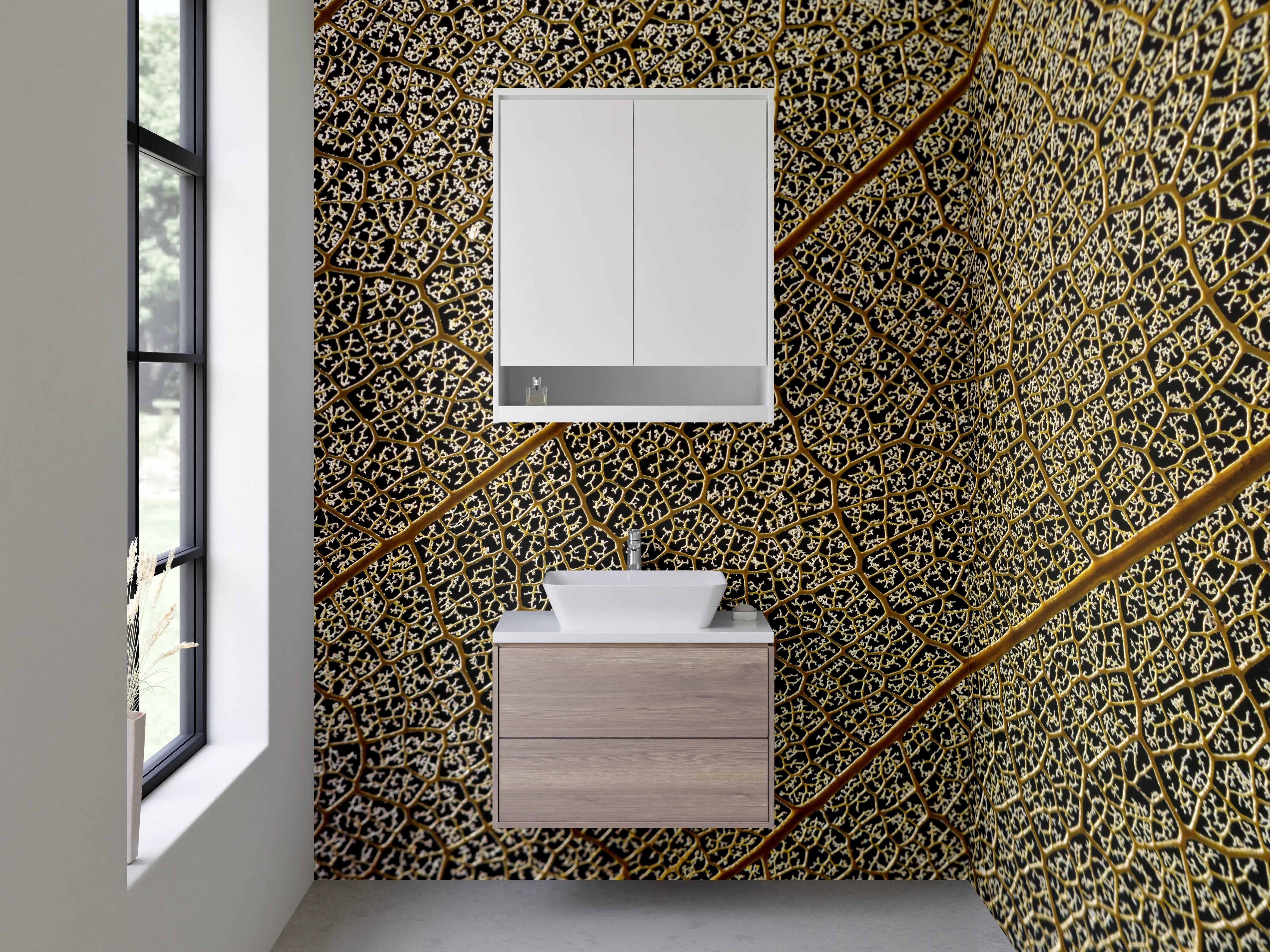 Waschbecken-Rückwand - Detailreiche Blattstruktur Natur Braun Gold