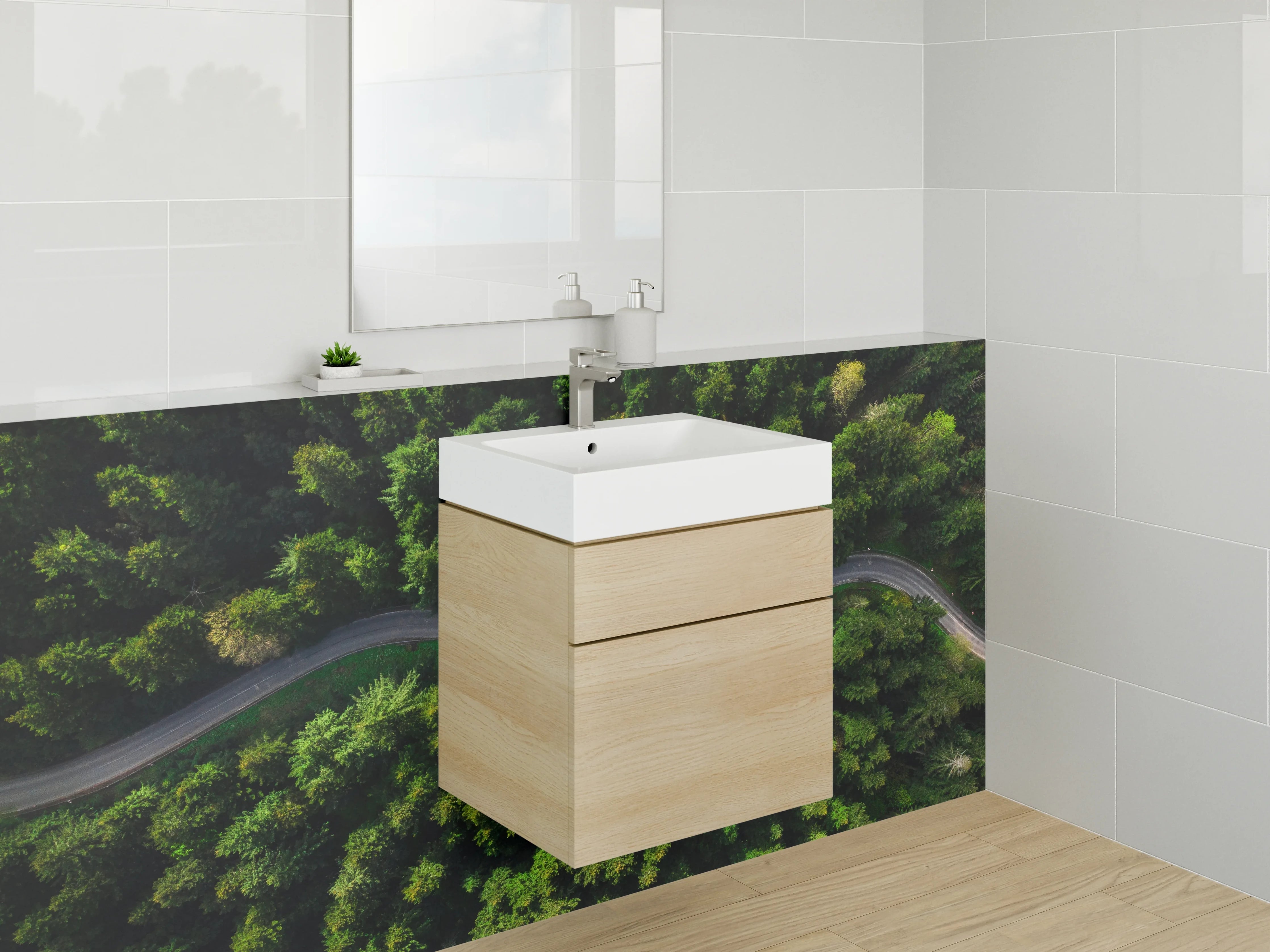 Waschbecken-Rückwand - Dichte Waldlandschaft mit kurviger Straße