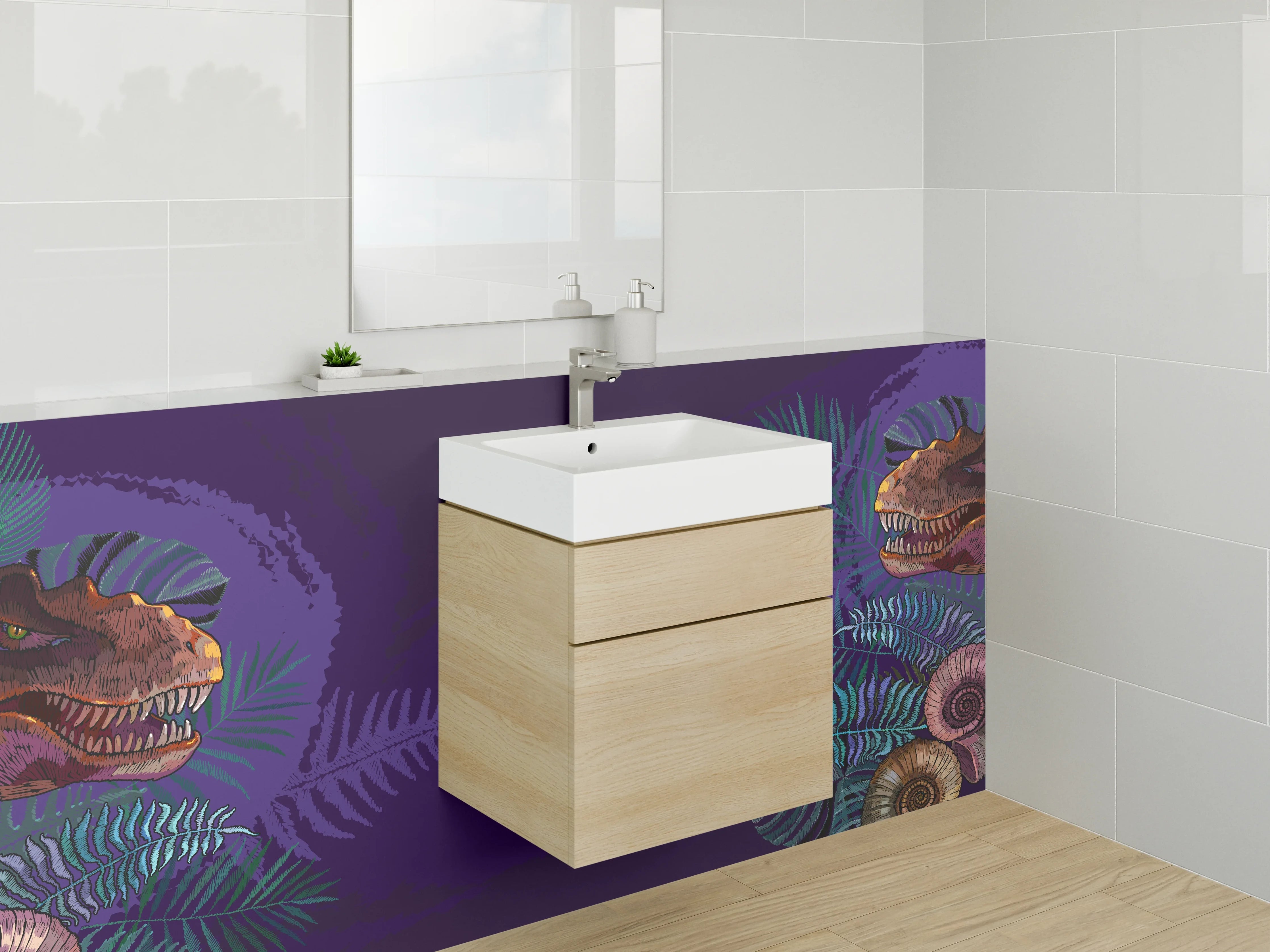Waschbecken-Rückwand - Dinosaurier und Farn Blätter Wandbild