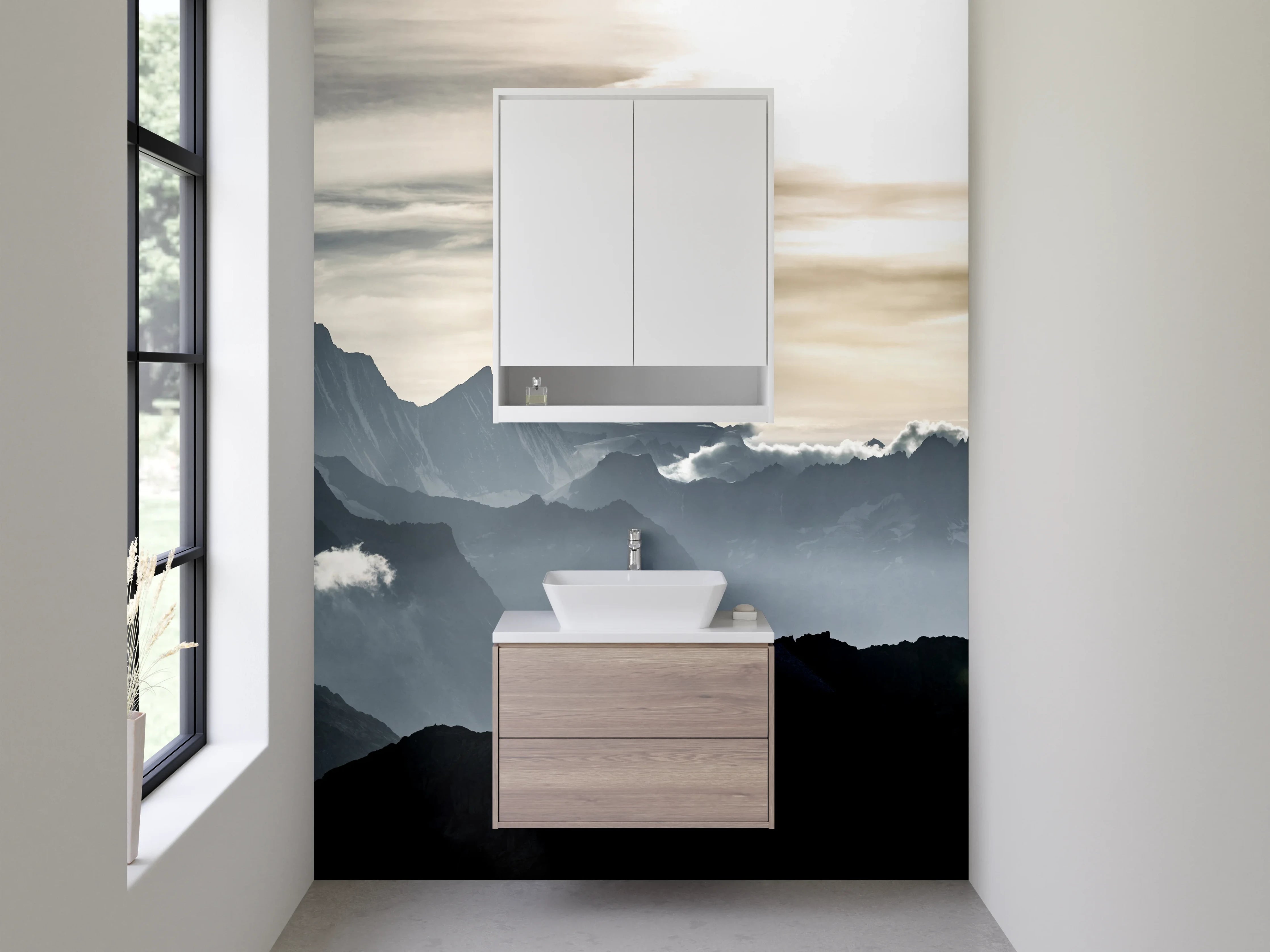 Waschbecken-Rückwand - Dramatische Berglandschaft im Sonnenaufgang