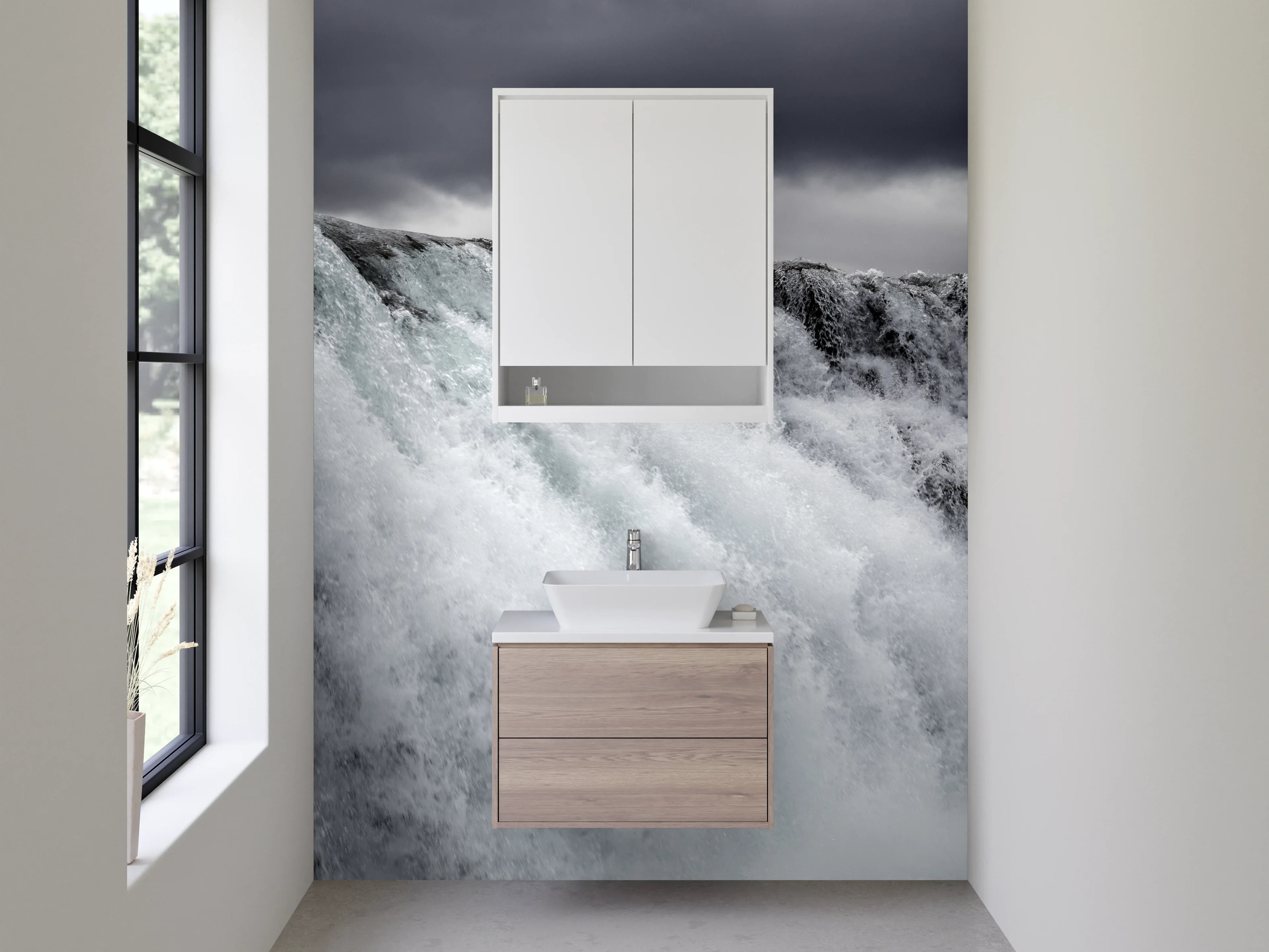 Waschbecken-Rückwand - Dramatischer Wasserfall unter Wolken