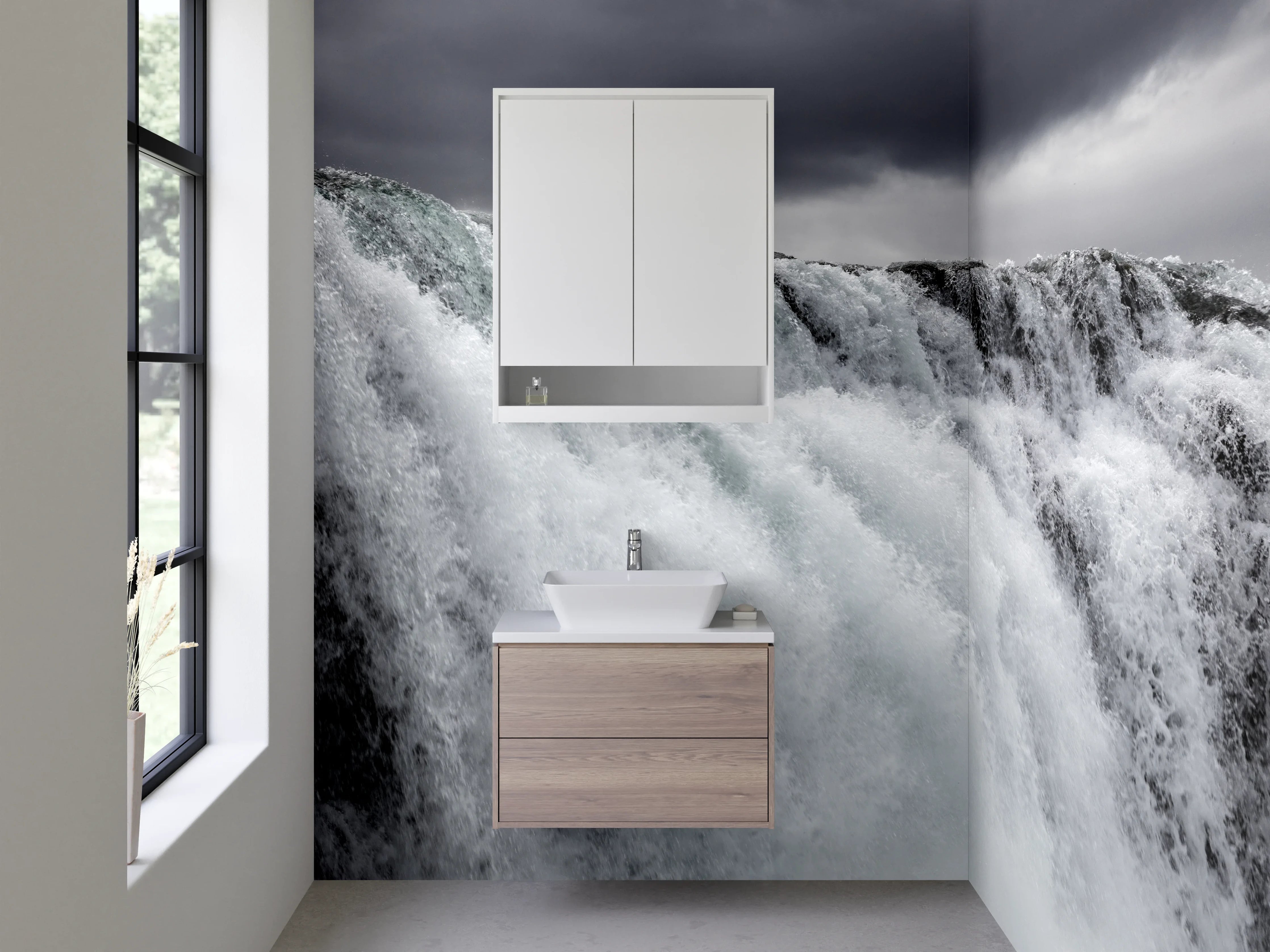 Waschbecken-Rückwand - Dramatischer Wasserfall unter Wolken
