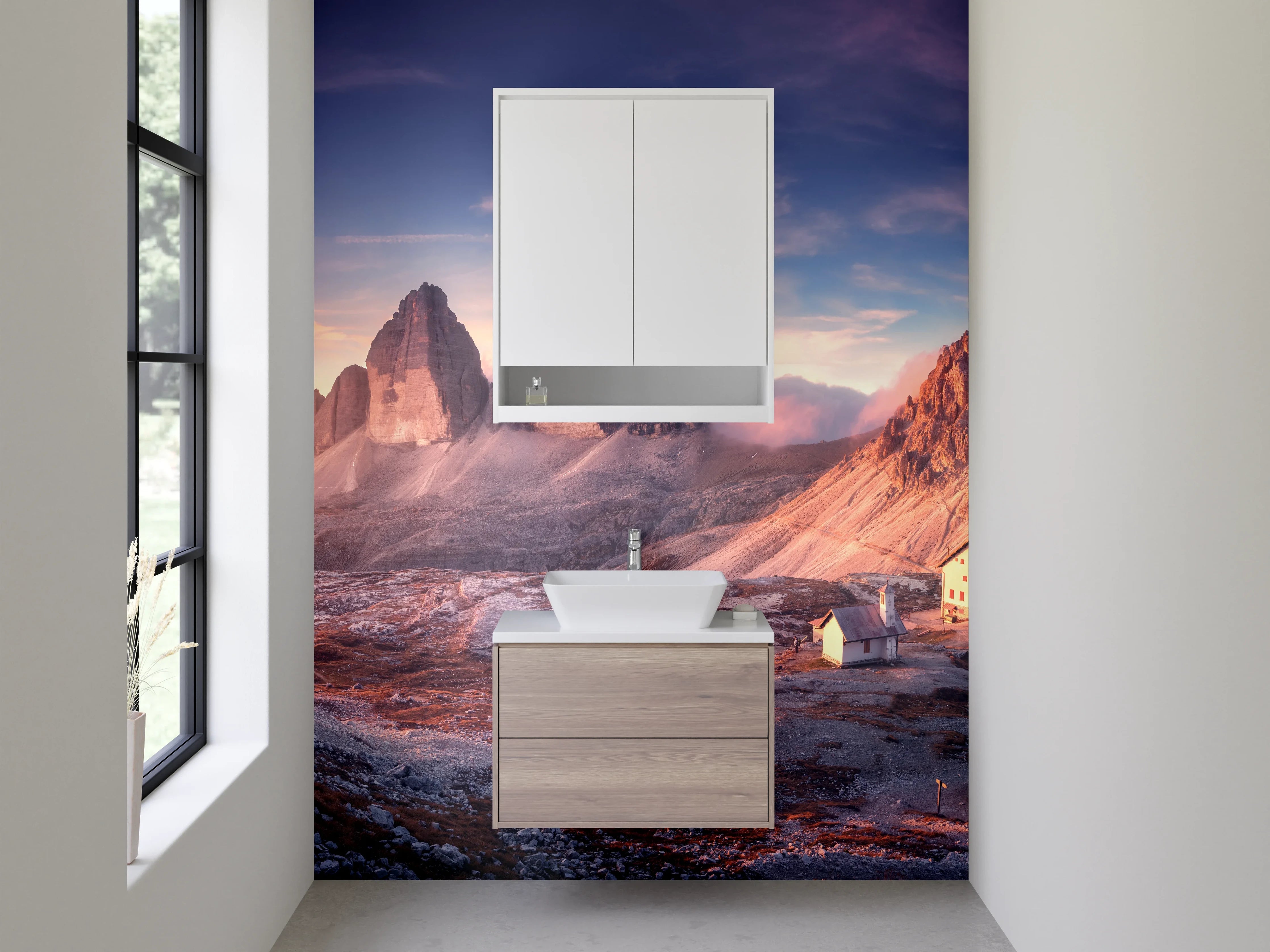 Waschbecken-Rückwand - Drei Gipfel bei Sonnenaufgang im Gebirge