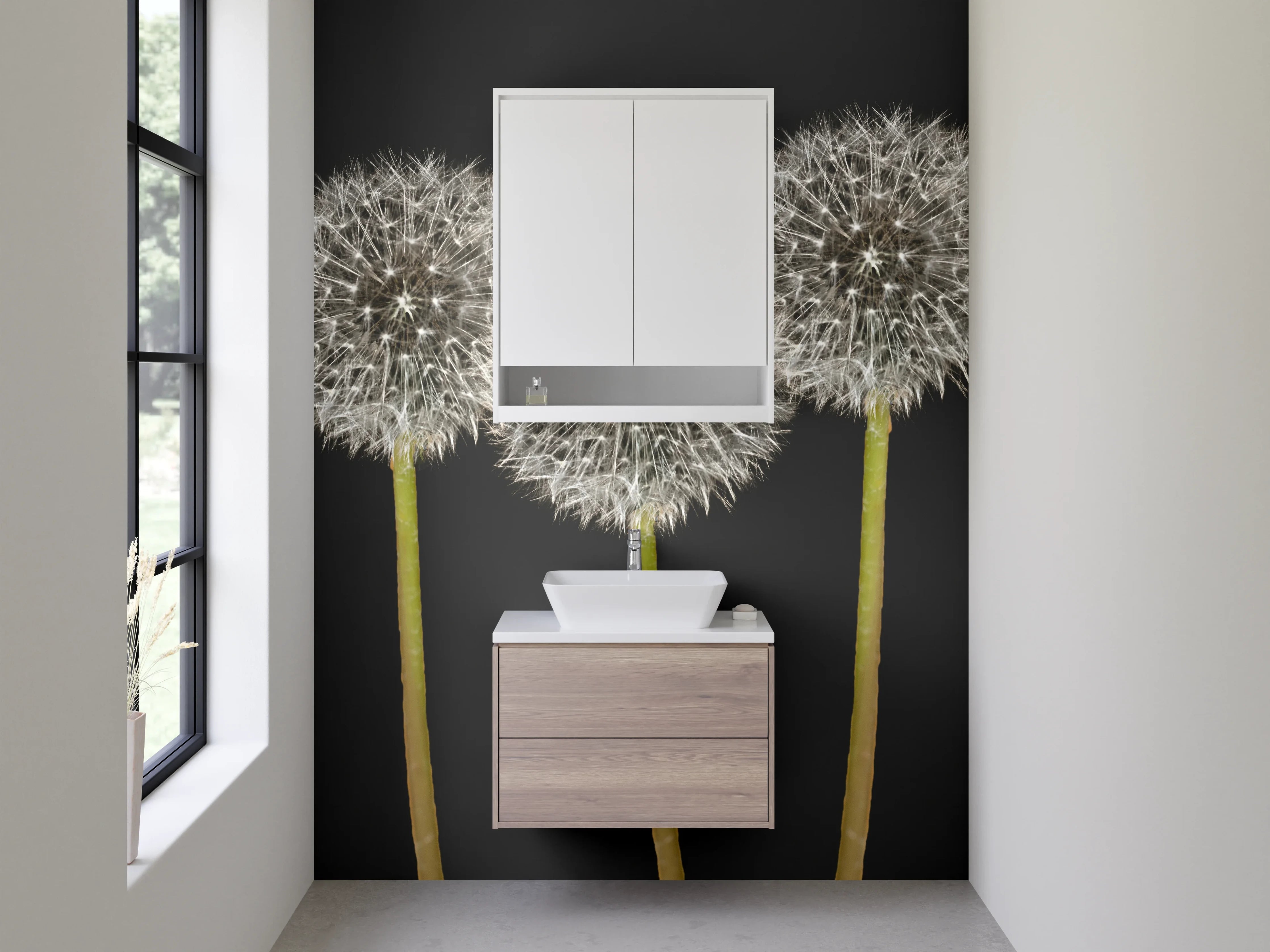 Waschbecken-Rückwand - Drei Löwenzahn-Pusteblumen auf Schwarz