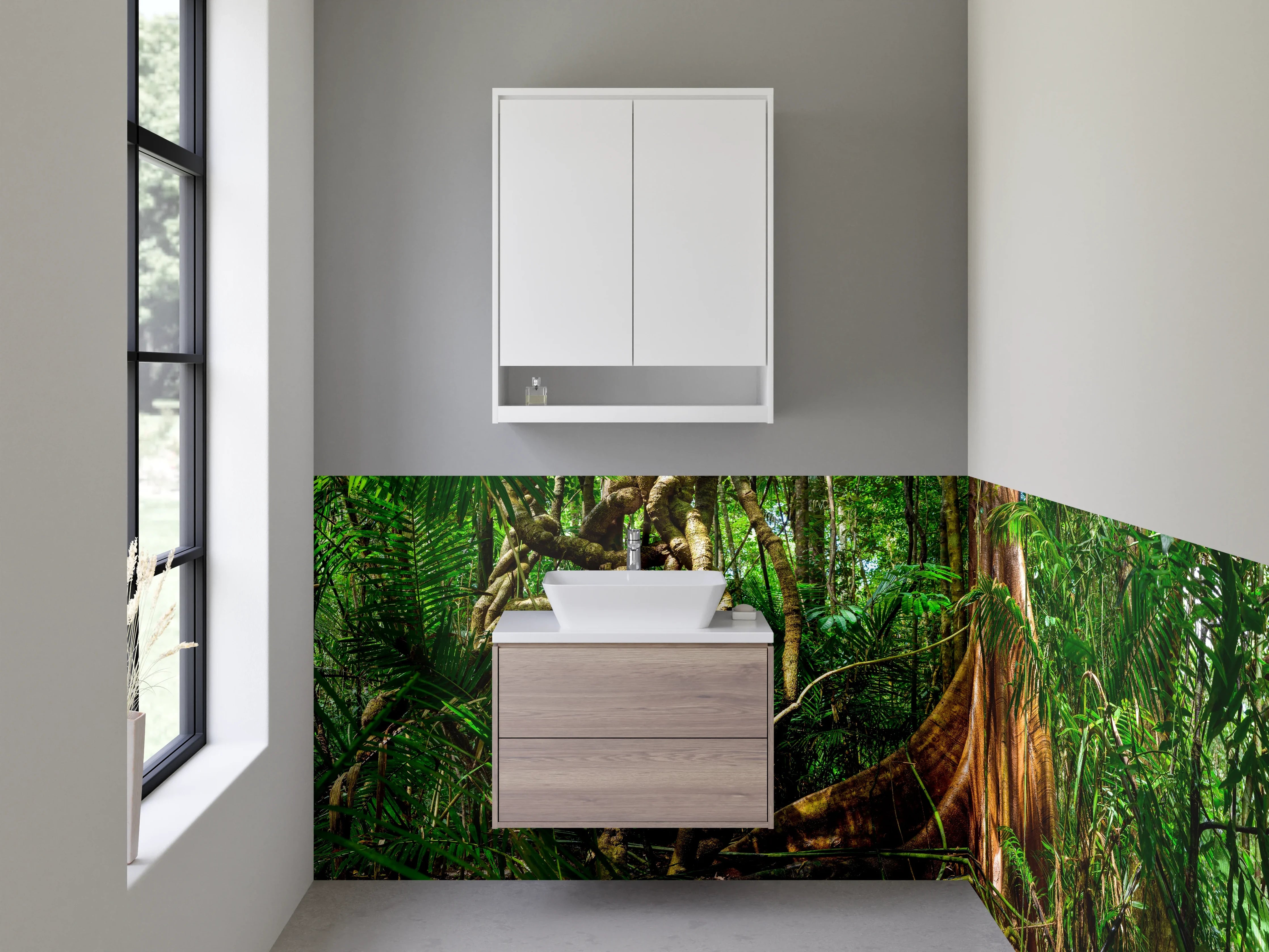 Waschbecken-Rückwand - Dschungel mit riesigem Baumstumpf