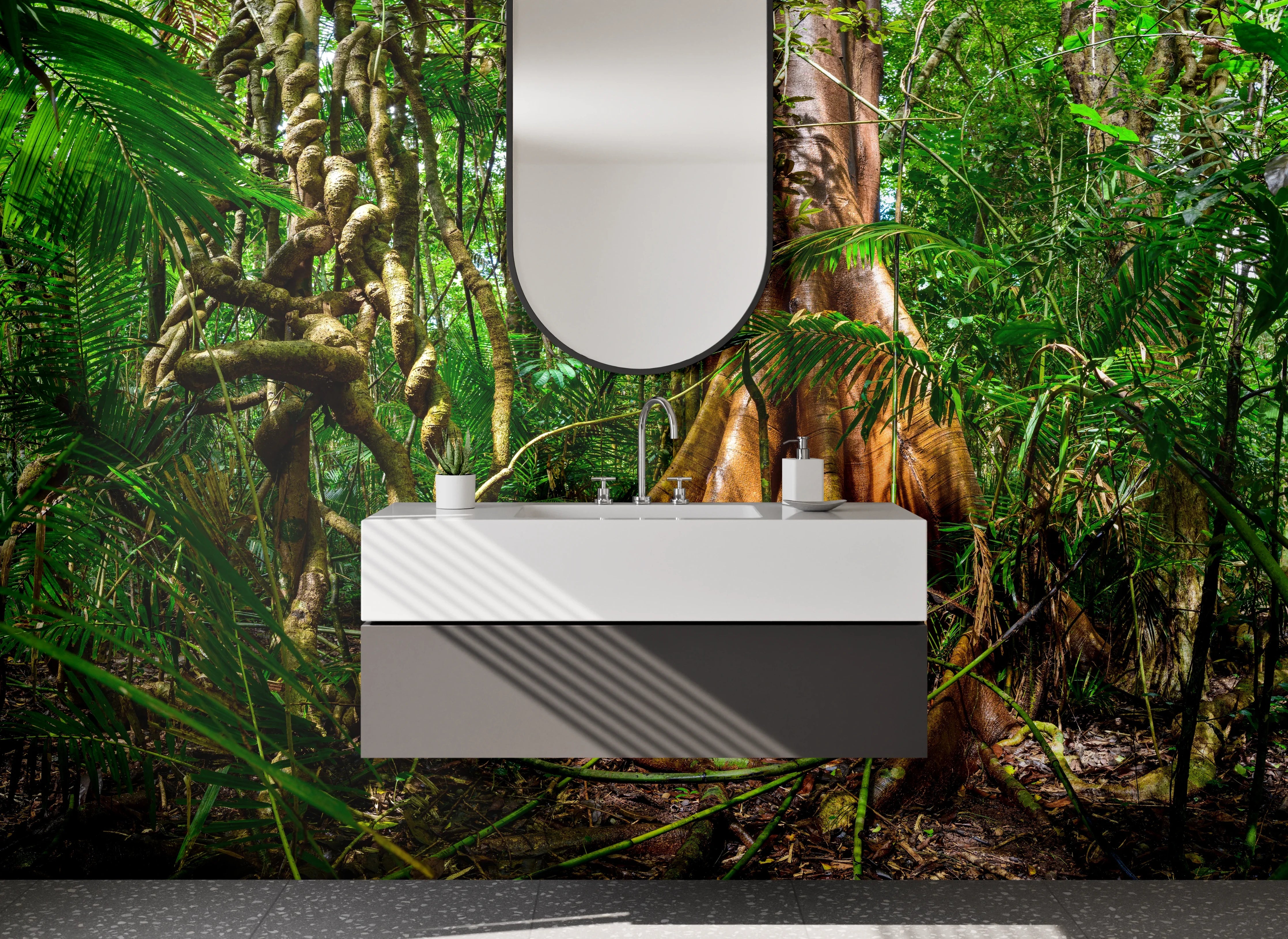 Waschbecken-Rückwand - Dschungel mit riesigem Baumstumpf