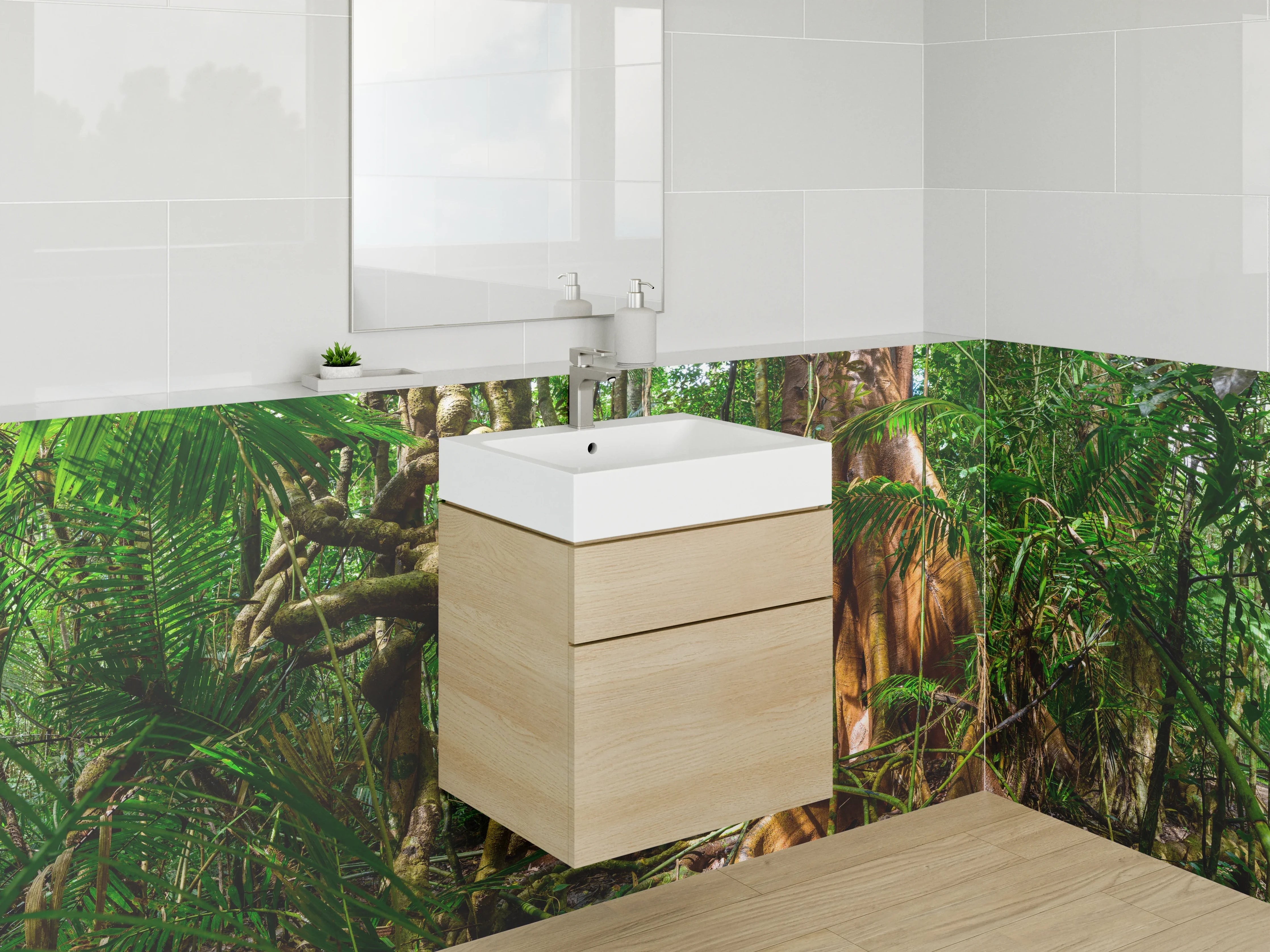 Waschbecken-Rückwand - Dschungel mit riesigem Baumstumpf