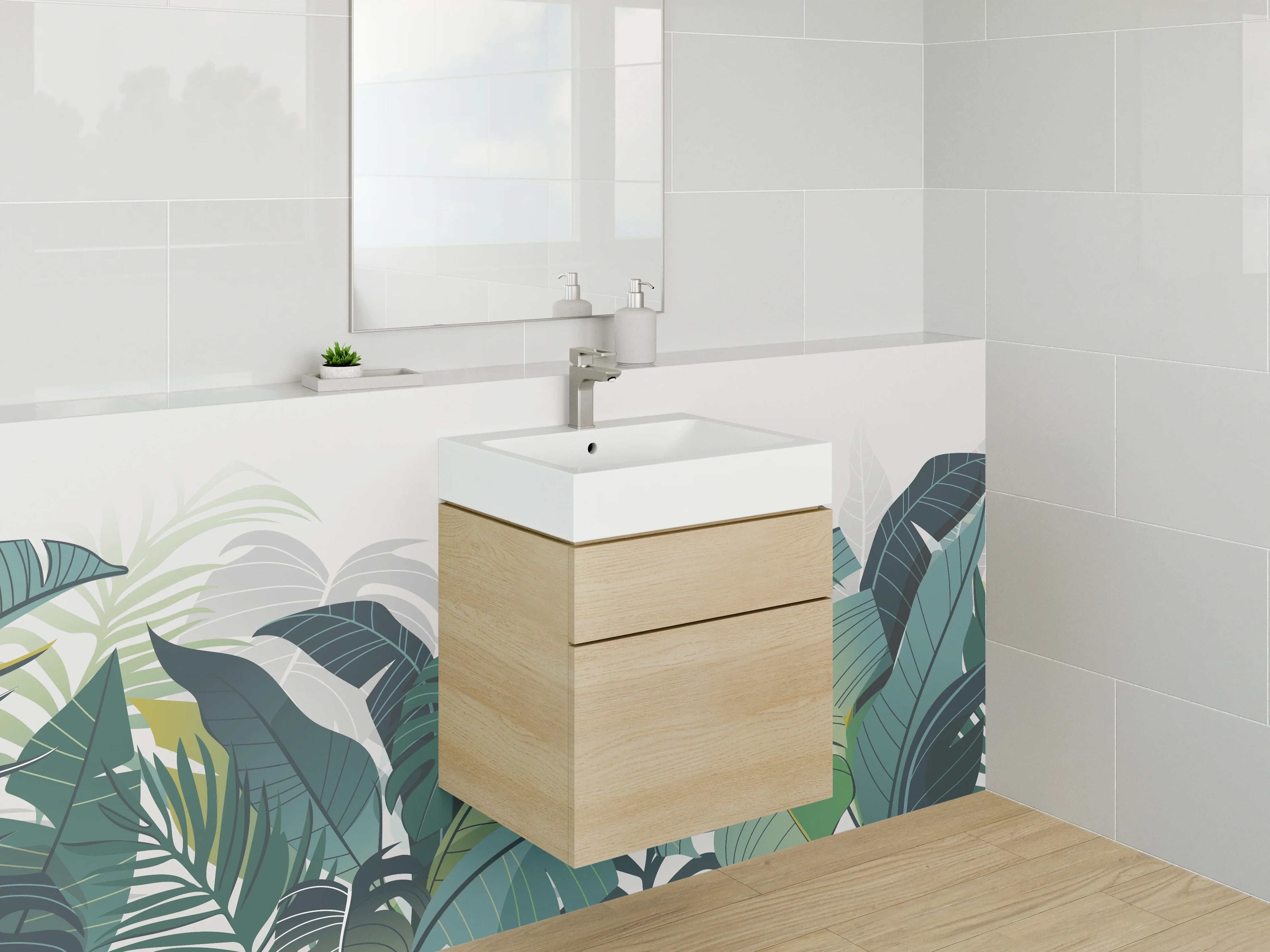 Waschbecken-Rückwand - Dschungelblätter Illustration Grün Weiß