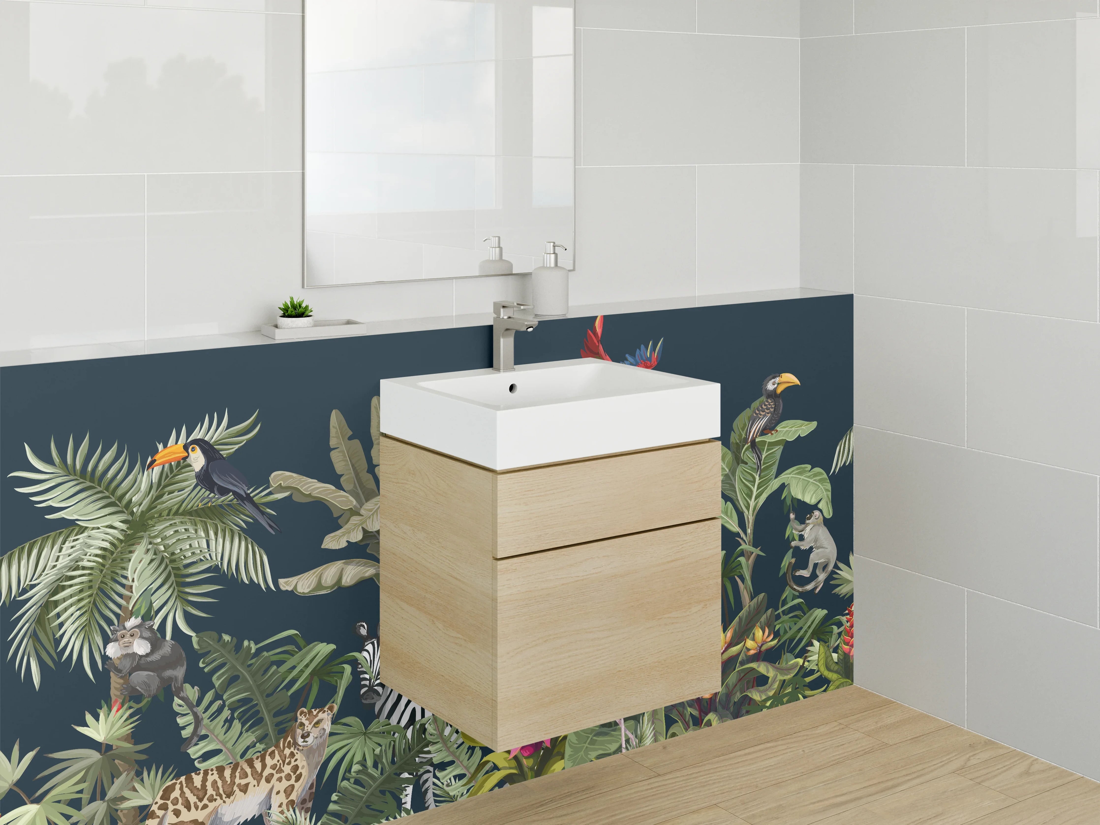 Waschbecken-Rückwand - Dschungeltiere Illustration auf dunklem Hintergrund