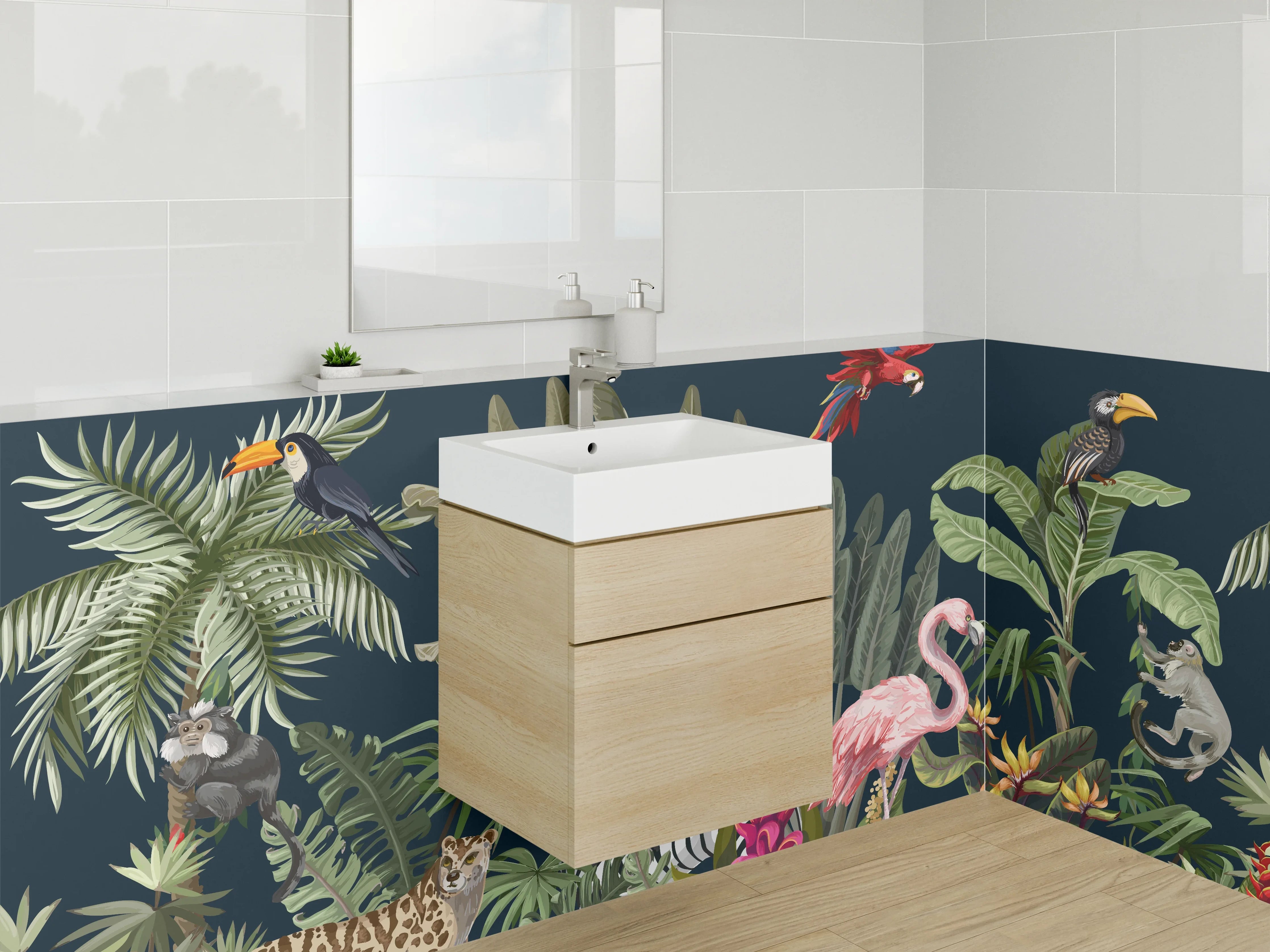 Waschbecken-Rückwand - Dschungeltiere Illustration auf dunklem Hintergrund