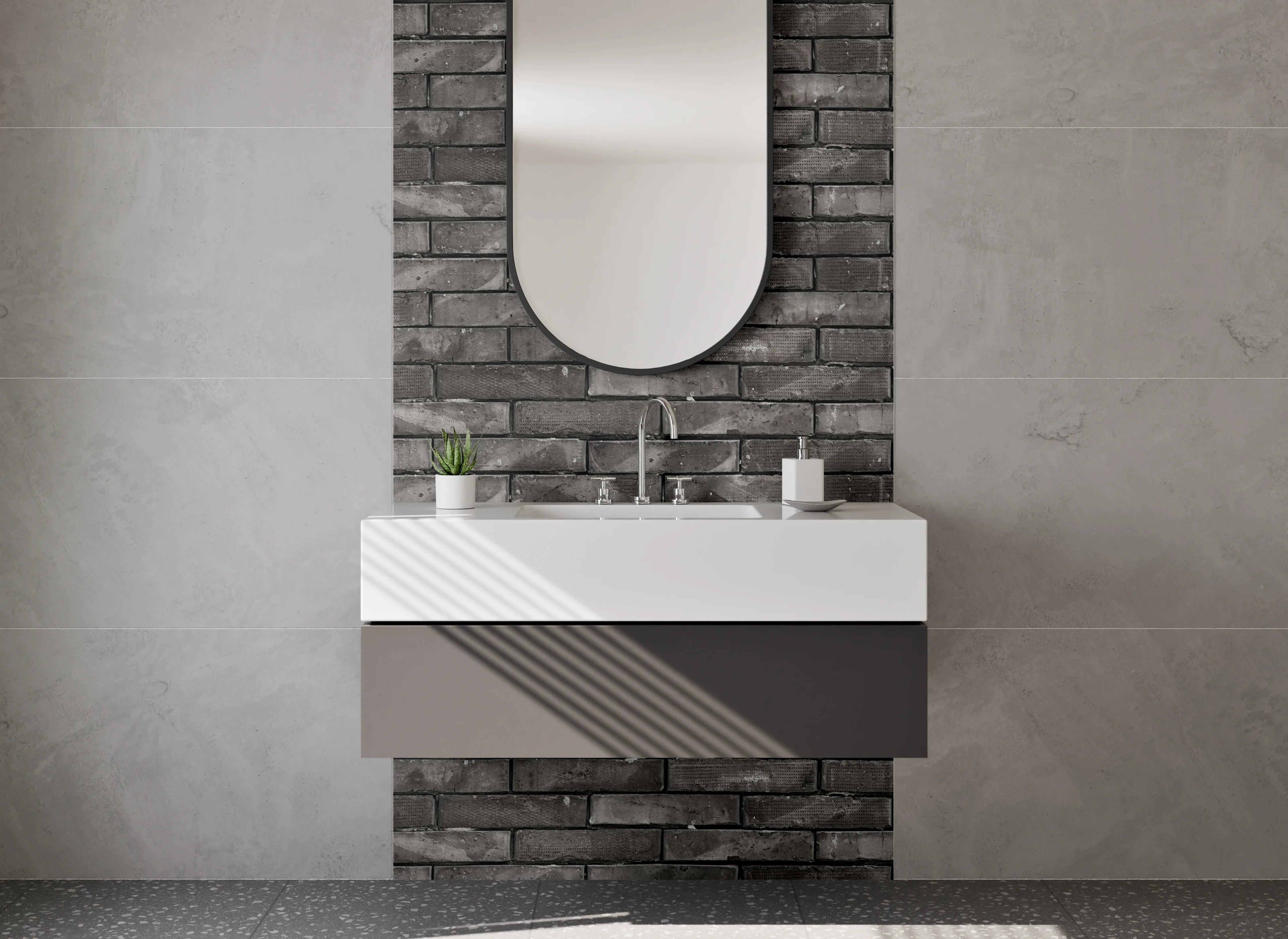 Waschbecken-Rückwand - Dunkle Backstein-Optik Fliesenwand