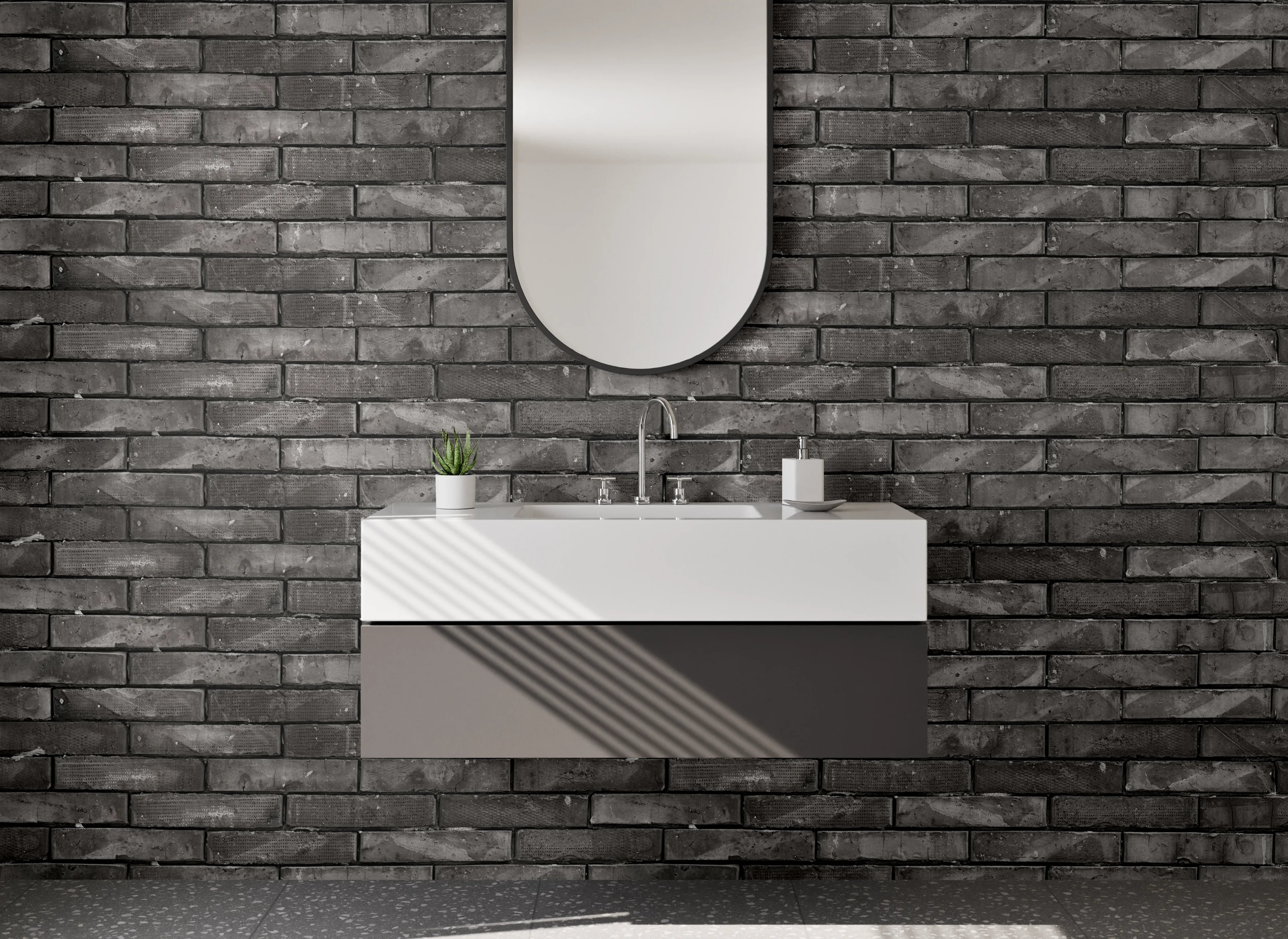Waschbecken-Rückwand - Dunkle Backstein-Optik Fliesenwand