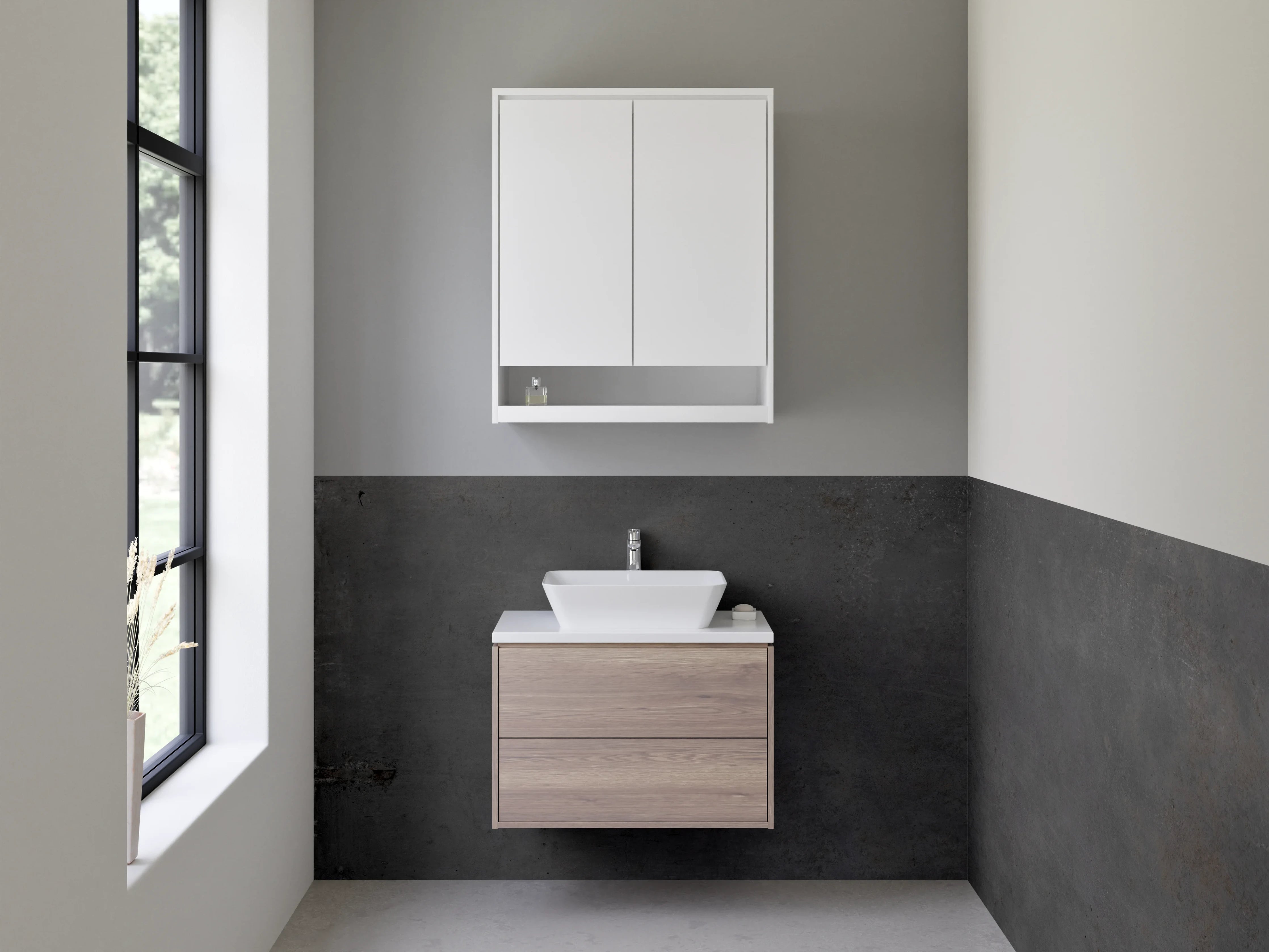 Waschbecken-Rückwand - Dunkle Betontapete mit rohen Texturen