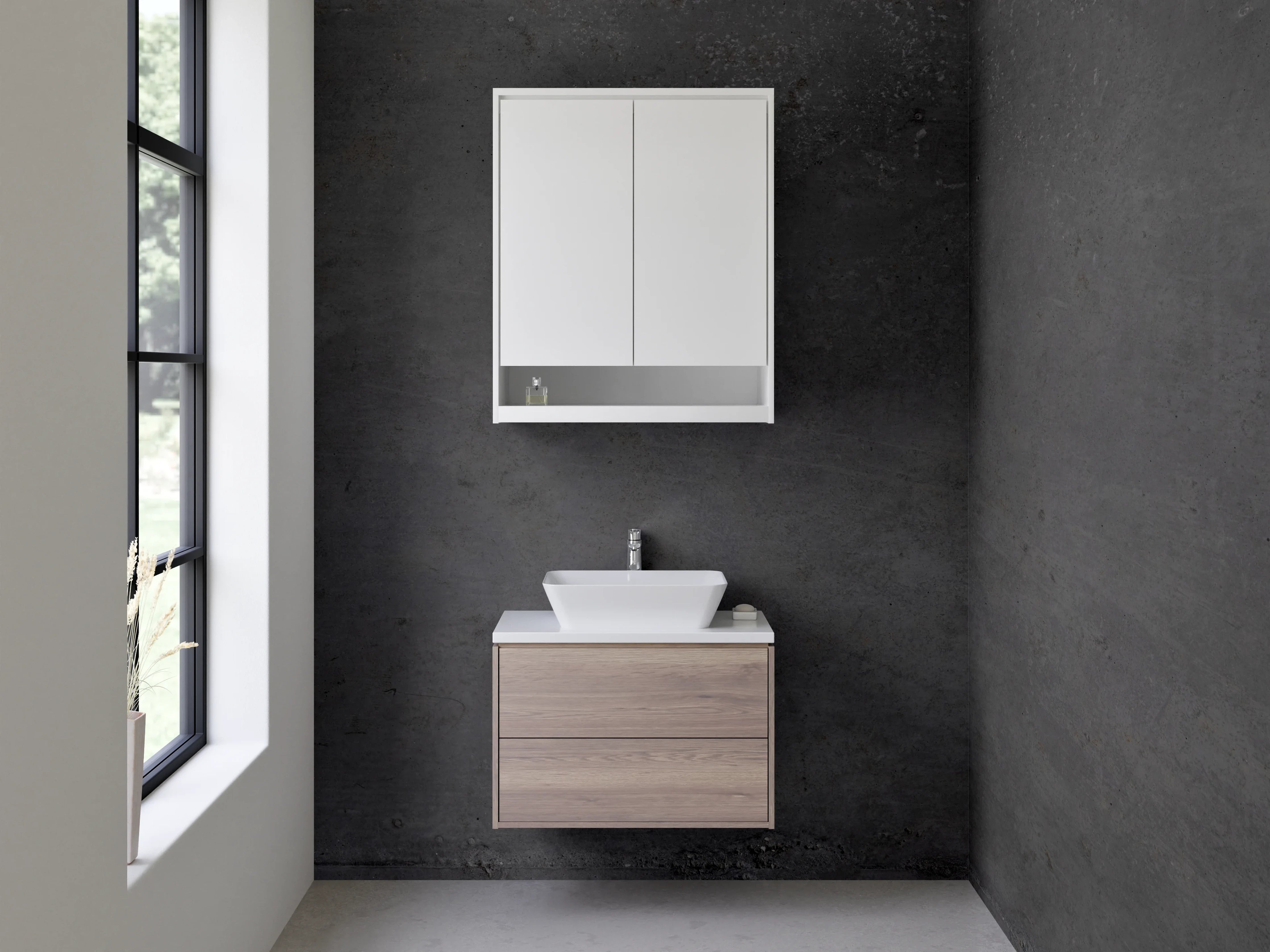 Waschbecken-Rückwand - Dunkle Betontapete mit rohen Texturen