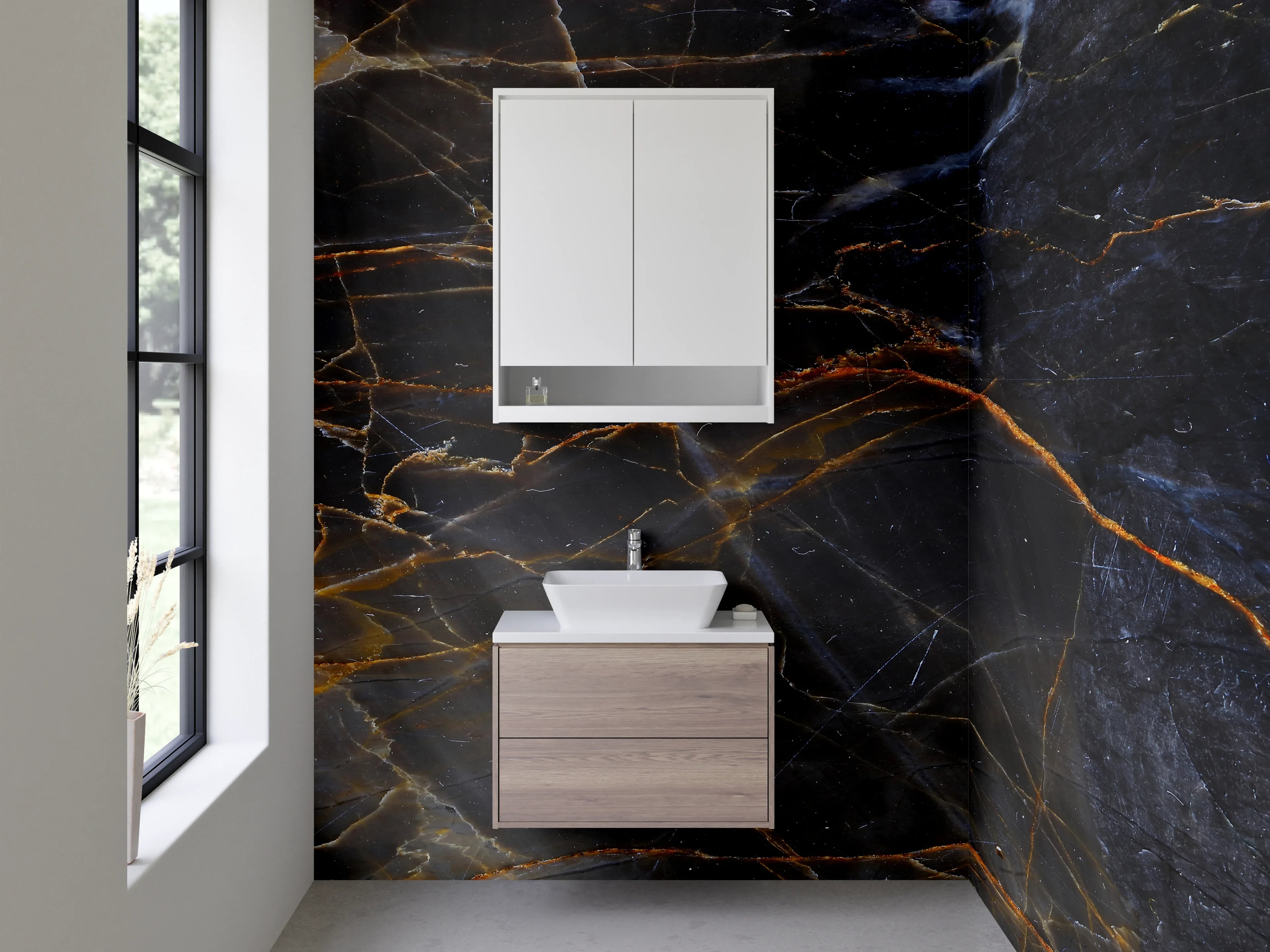 Waschbecken-Rückwand - Dunkle Eleganz mit goldenen Adern
