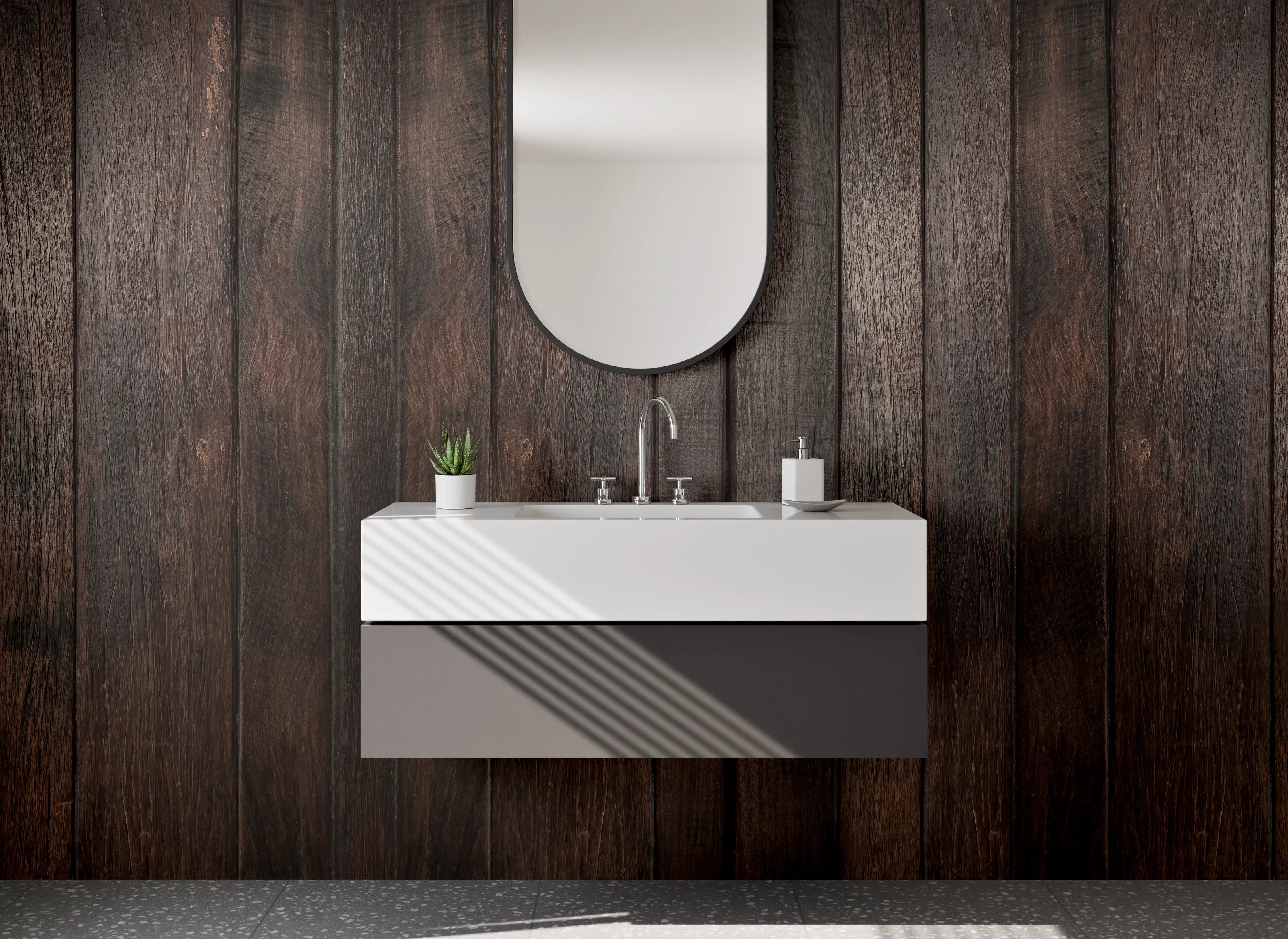 Waschbecken-Rückwand - Dunkle Holz-Optik für Rückwände