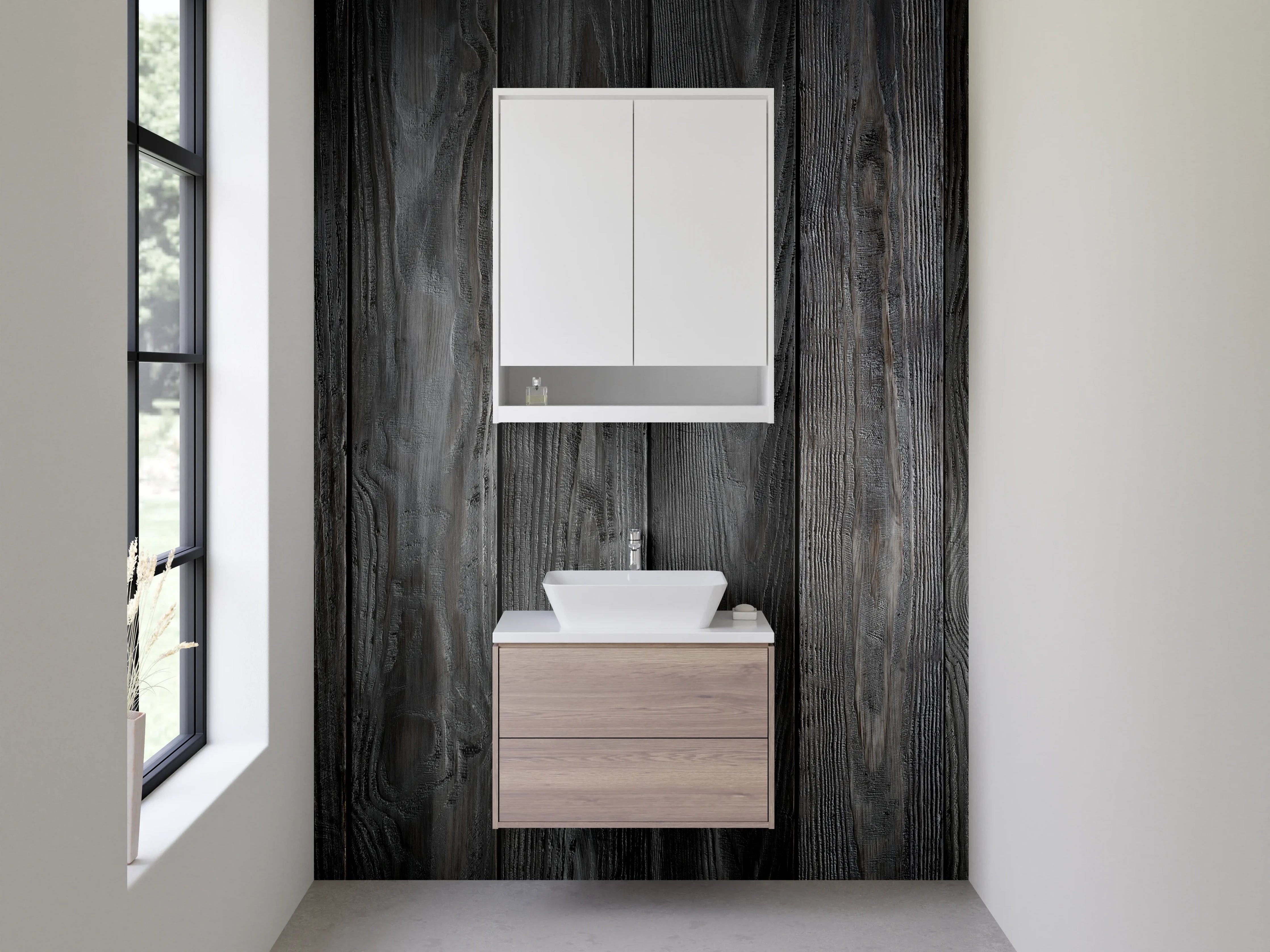 Waschbecken-Rückwand - Dunkle Holzoptik für Modernes Ambiente