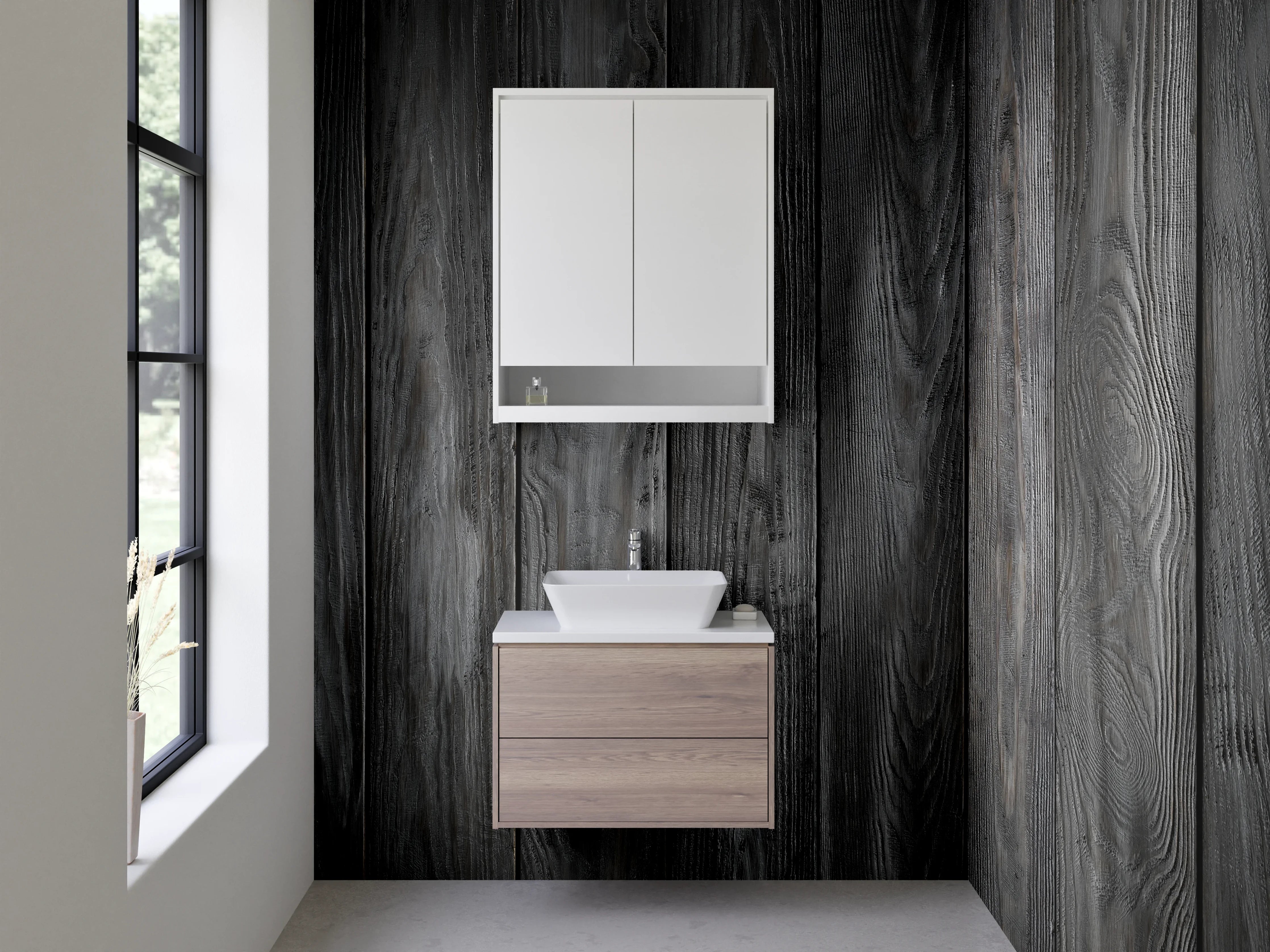 Waschbecken-Rückwand - Dunkle Holzoptik für Modernes Ambiente