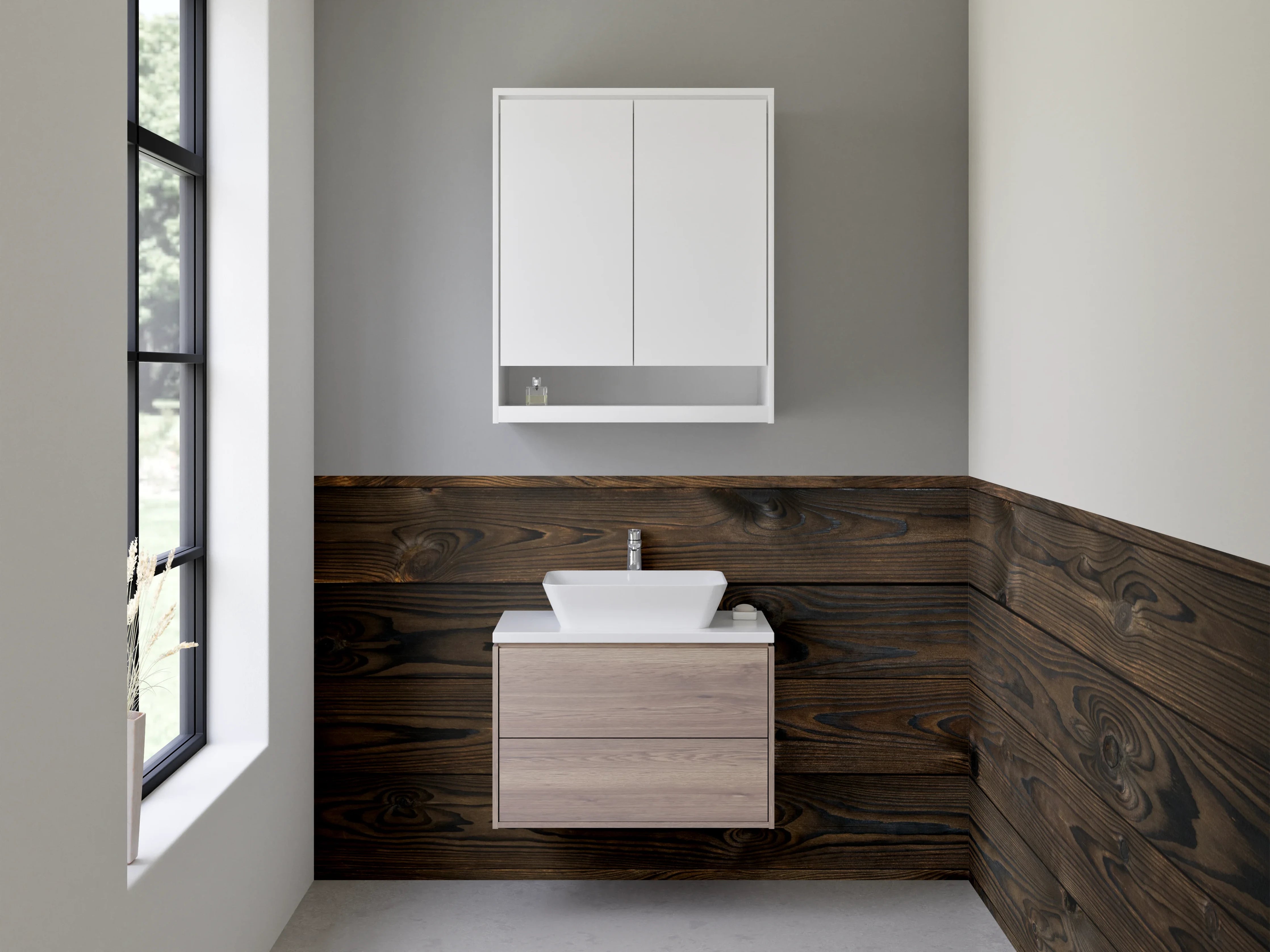 Waschbecken-Rückwand - Dunkle Holzoptik für Rückwände