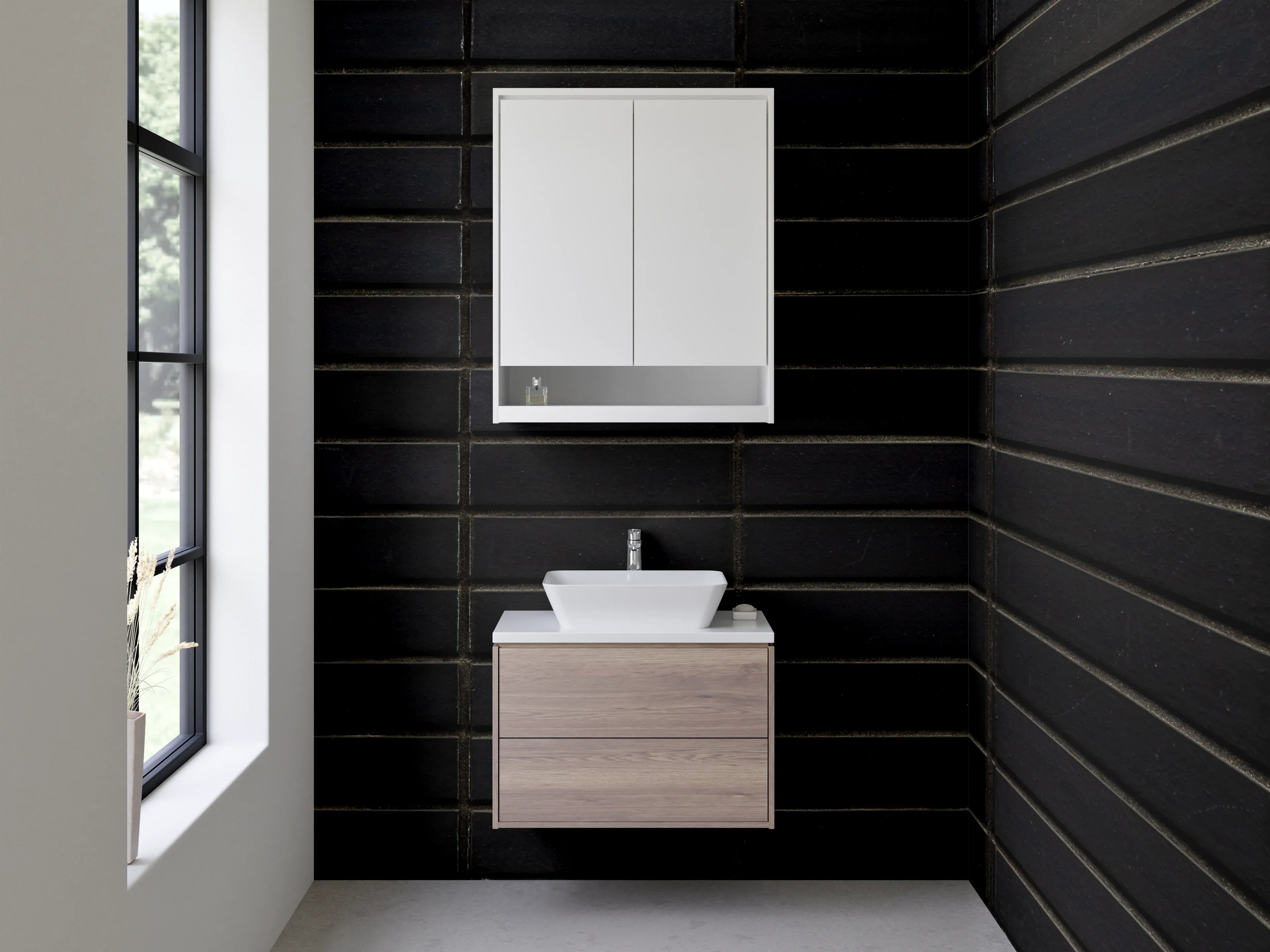 Waschbecken-Rückwand - Dunkle Holzoptik mit feiner Textur