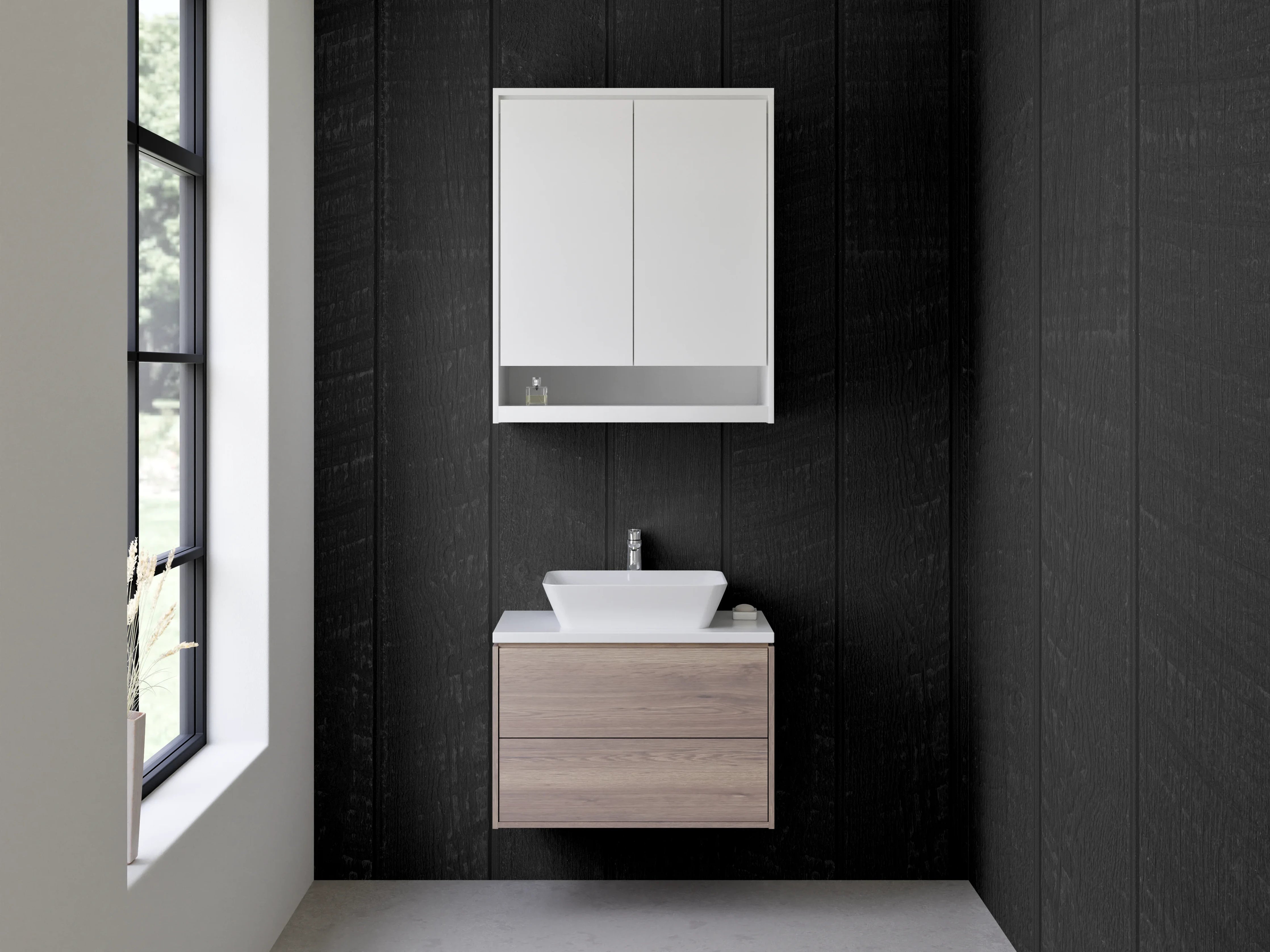 Waschbecken-Rückwand - Dunkle Holzvertäfelung mit vertikalen Linien