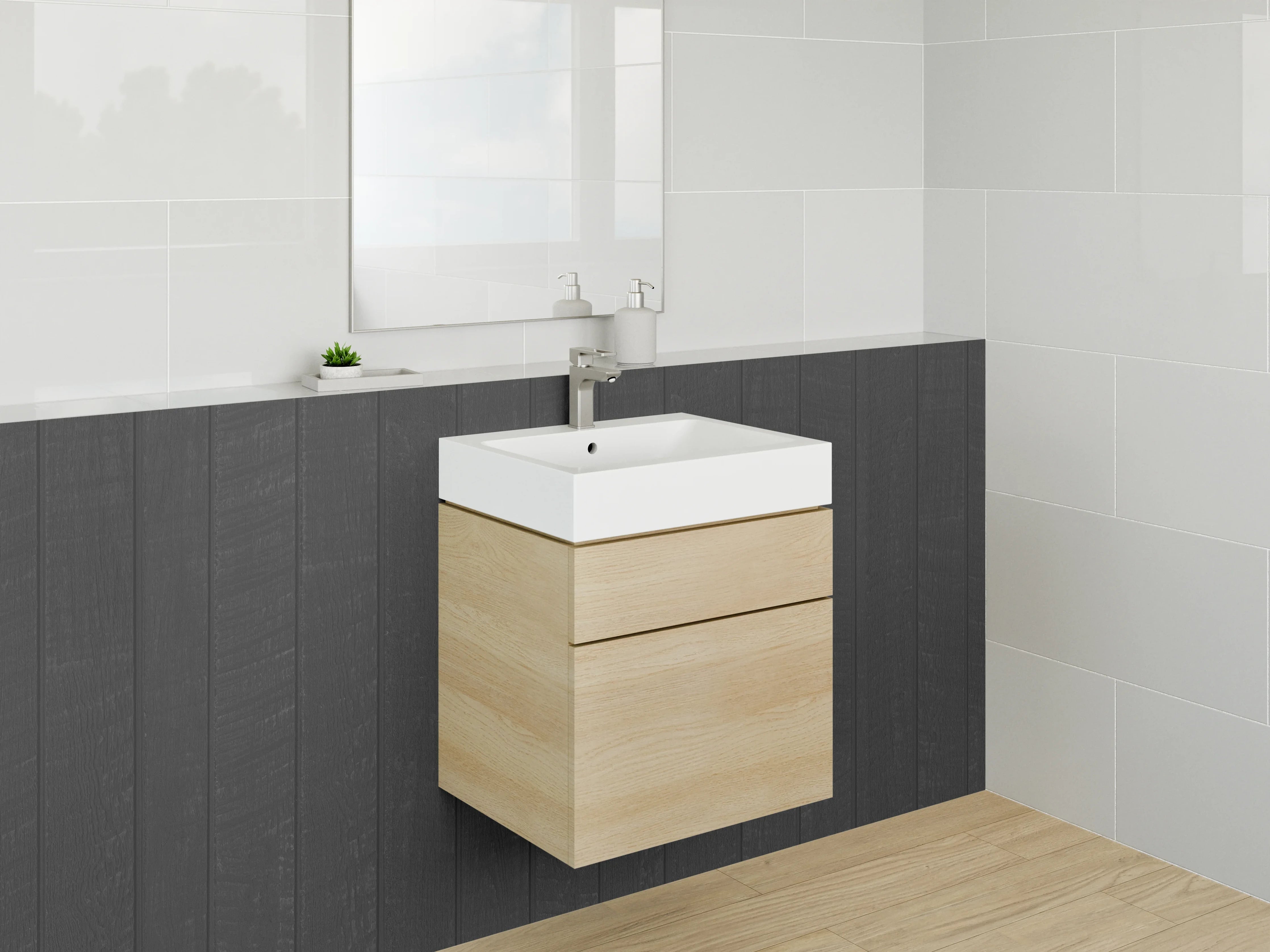 Waschbecken-Rückwand - Dunkle Holzvertäfelung mit vertikalen Linien