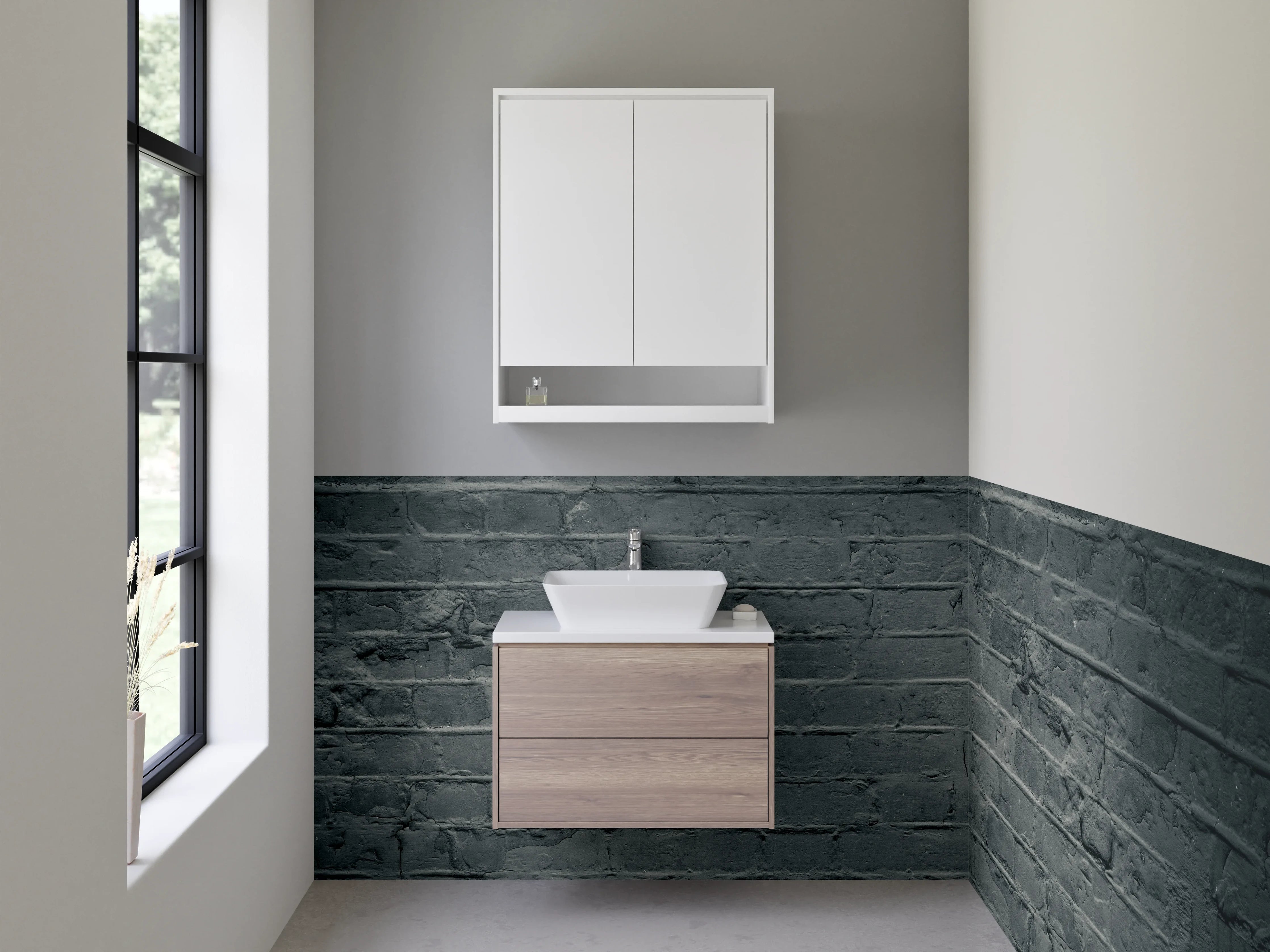 Waschbecken-Rückwand - Dunkle Klinkerwand Backsteinoptik
