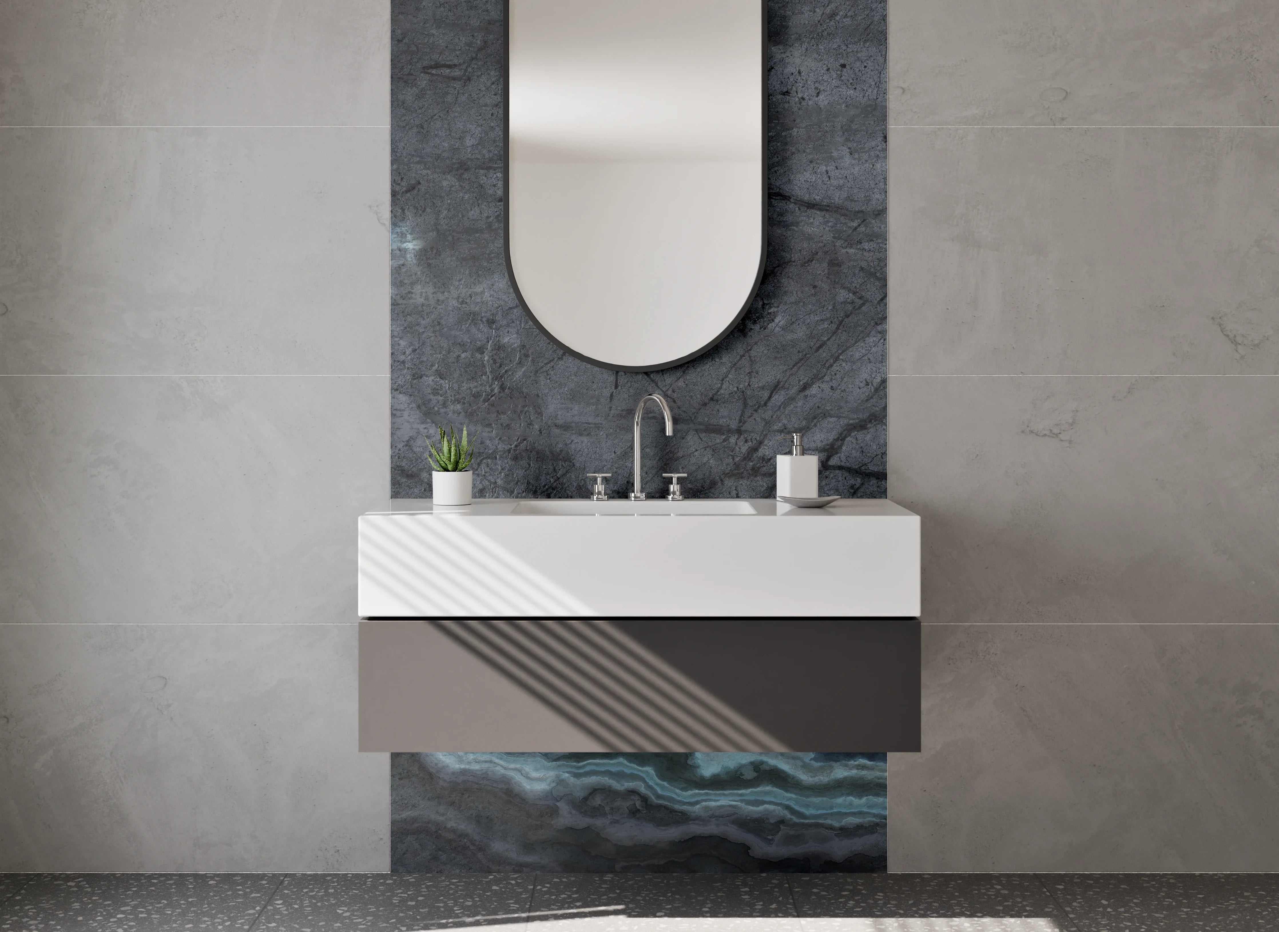 Waschbecken-Rückwand - Dunkle Marmor-Optik mit grauen Akzenten