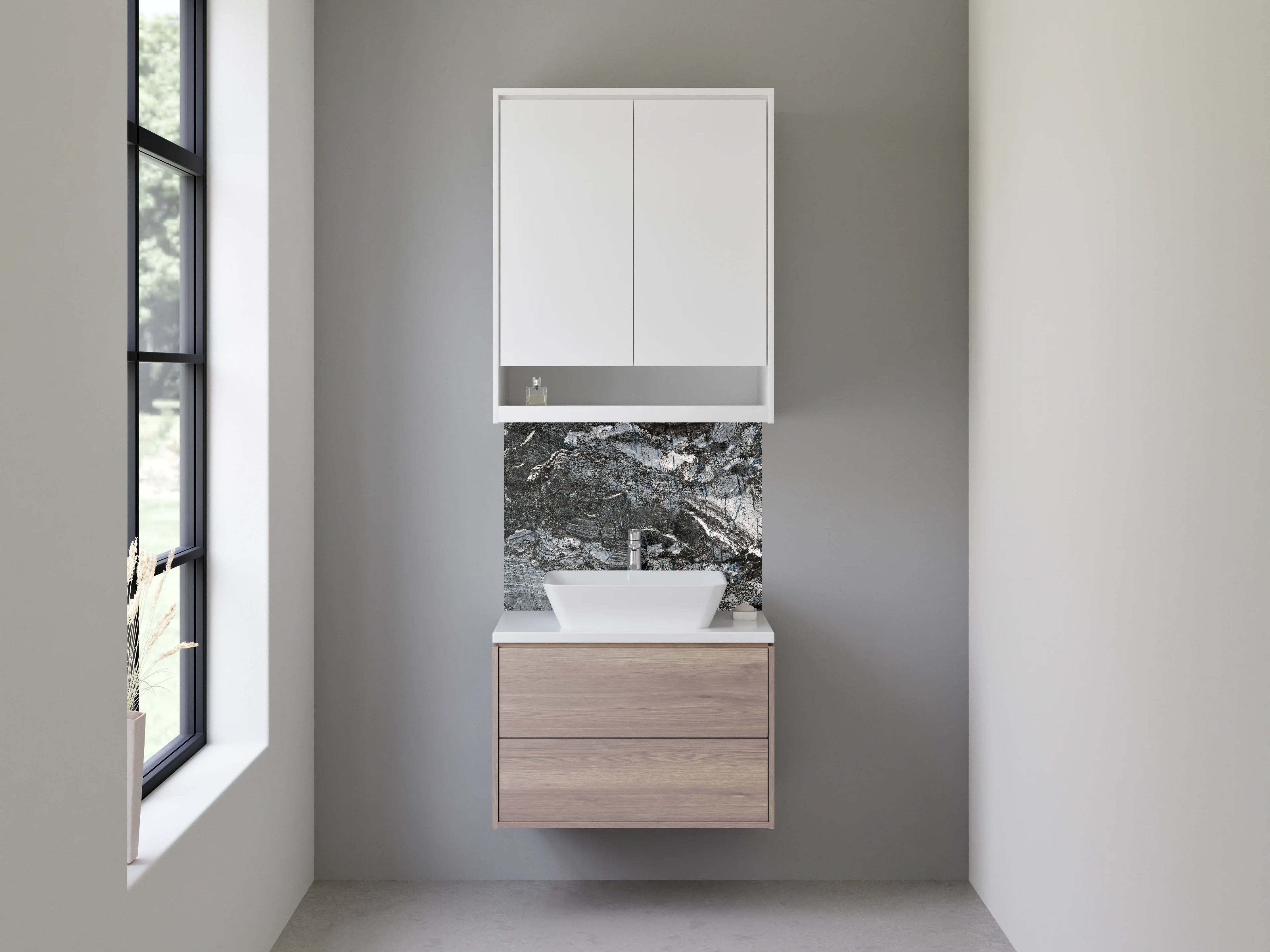 Waschbecken-Rückwand - Dunkle Marmorstruktur mit Grau- und Schwarztönen