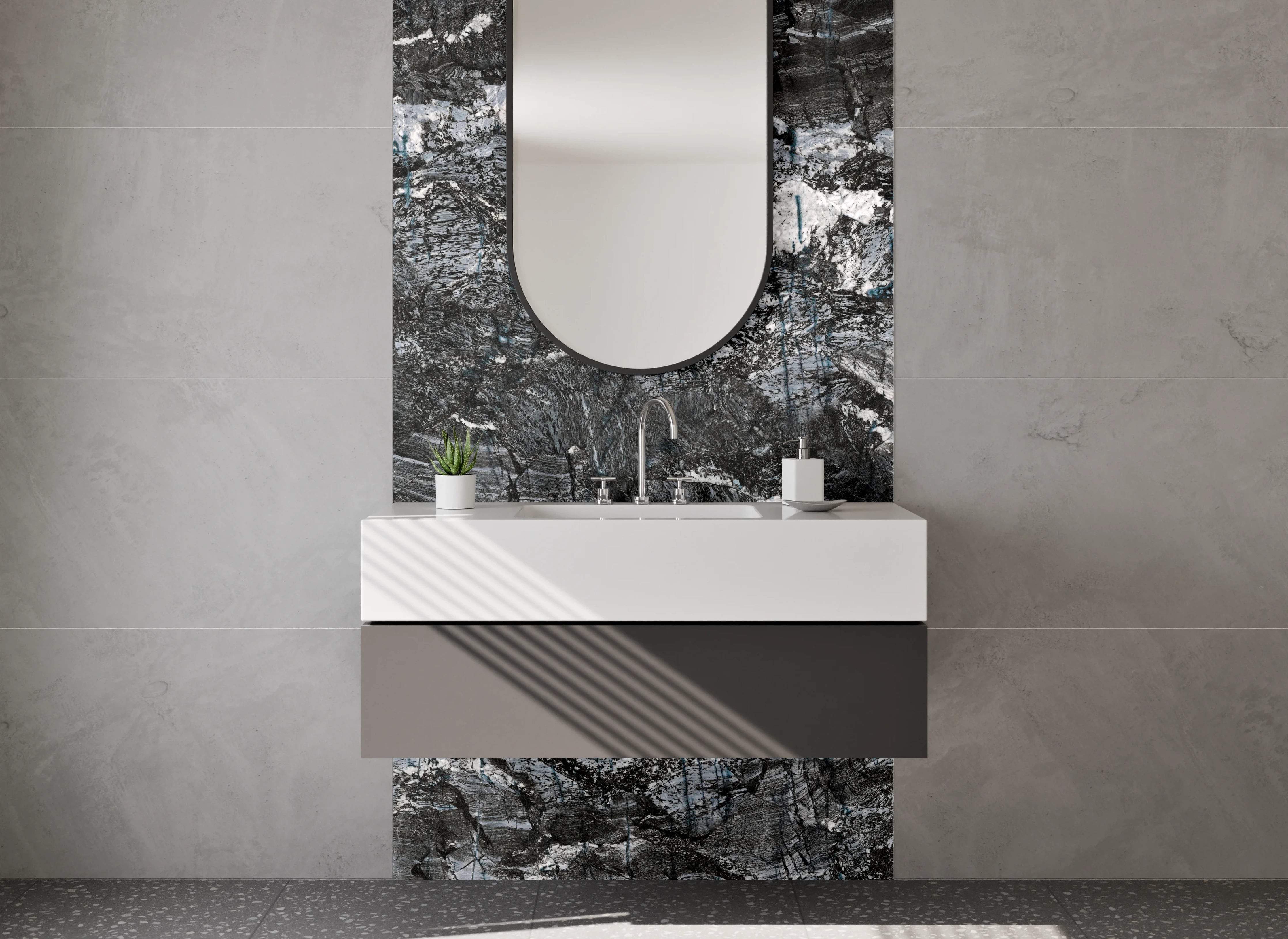 Waschbecken-Rückwand - Dunkle Marmorstruktur mit Grau- und Schwarztönen