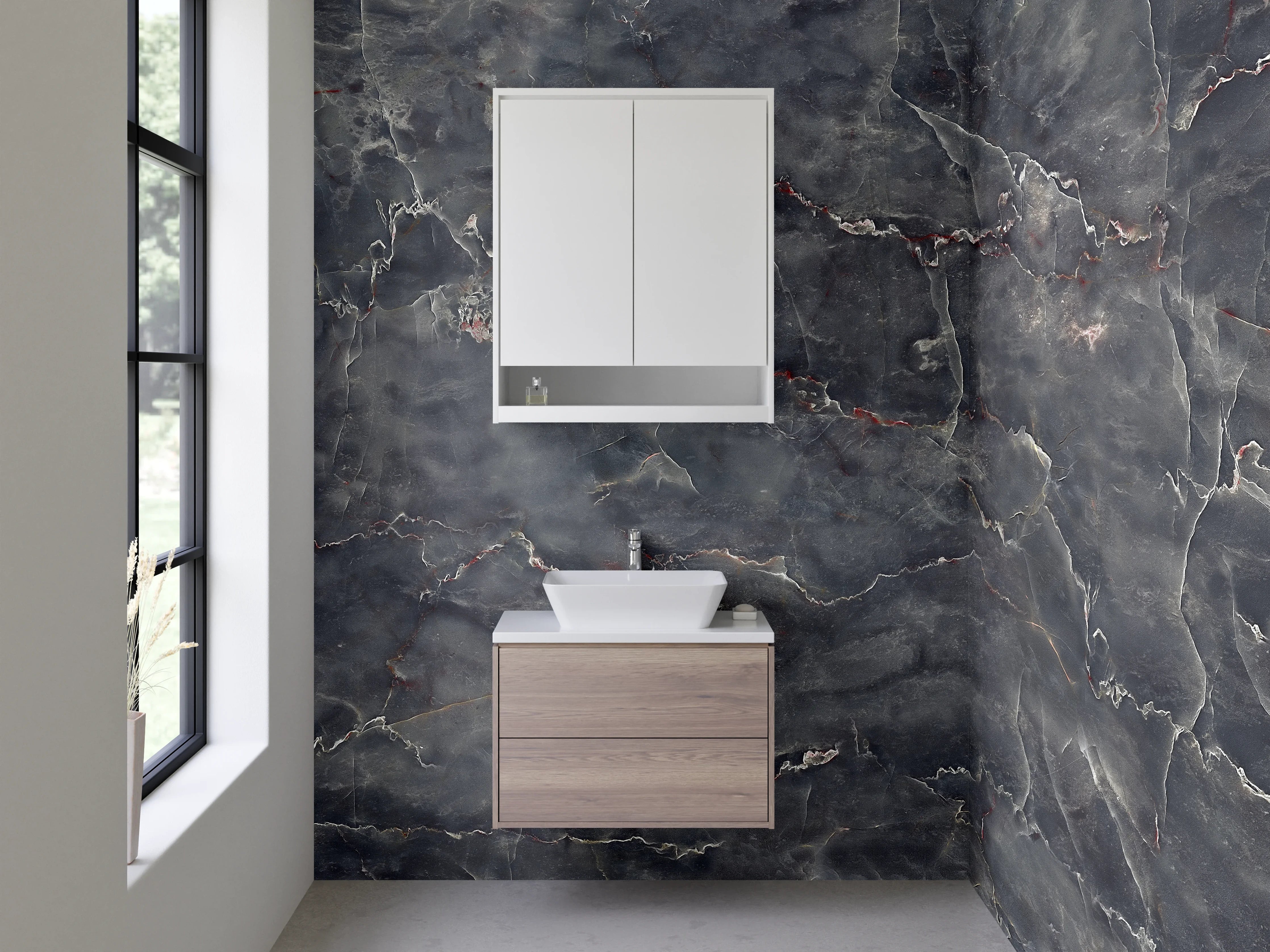 Waschbecken-Rückwand - Dunkle Marmorstruktur mit feinen Goldadern