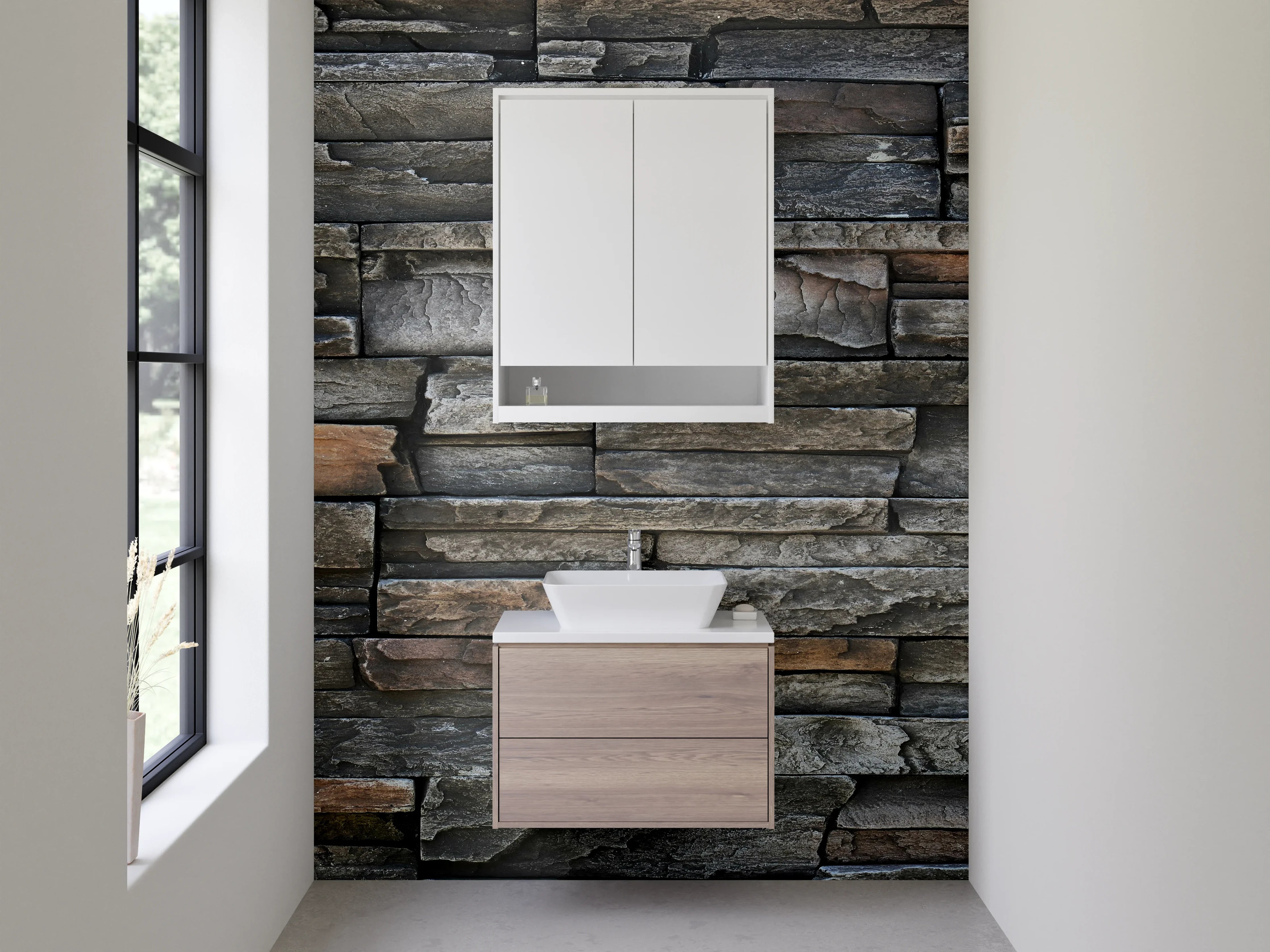 Waschbecken-Rückwand - Dunkle Natursteinmauer