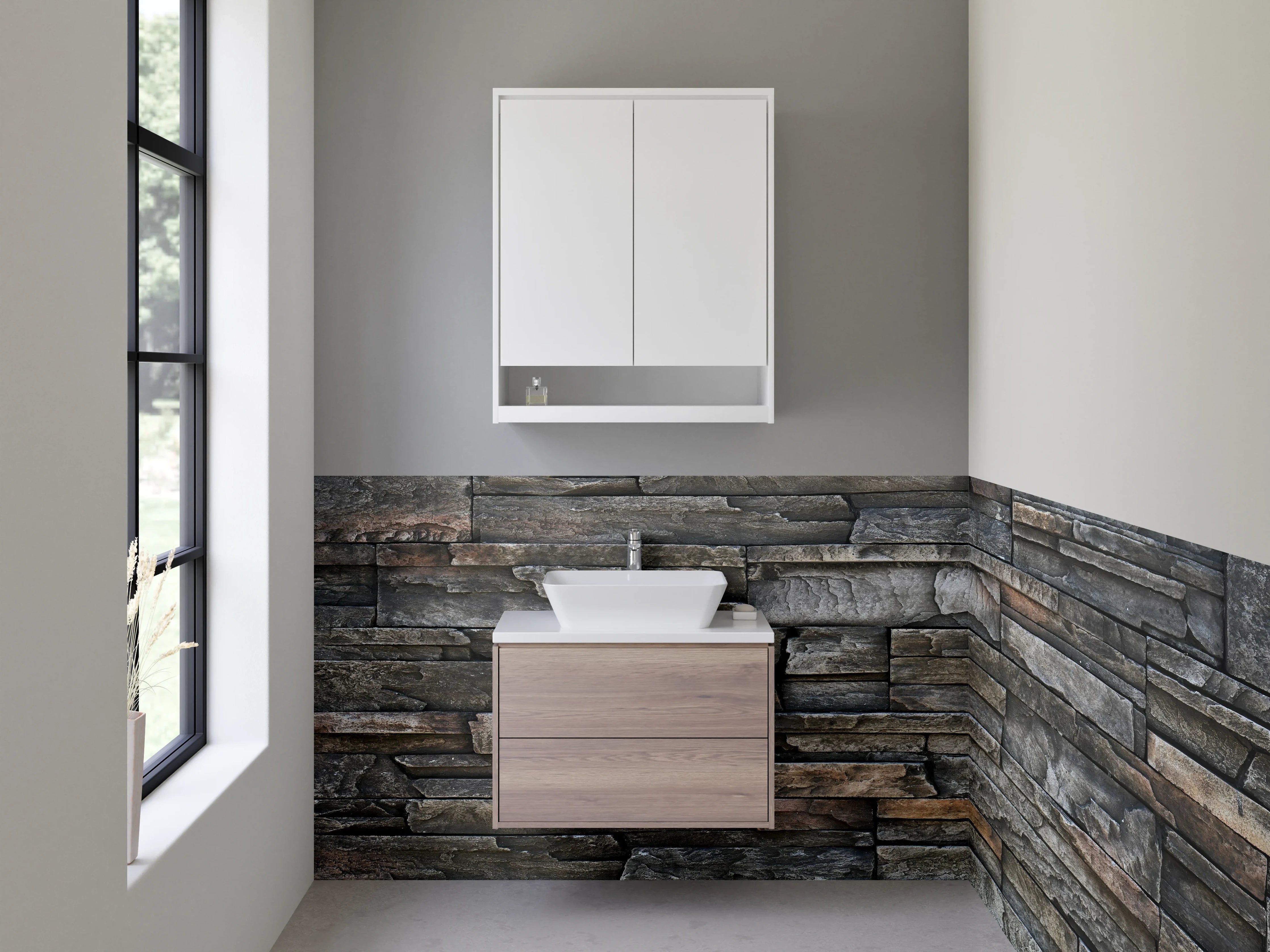 Waschbecken-Rückwand - Dunkle Natursteinmauer